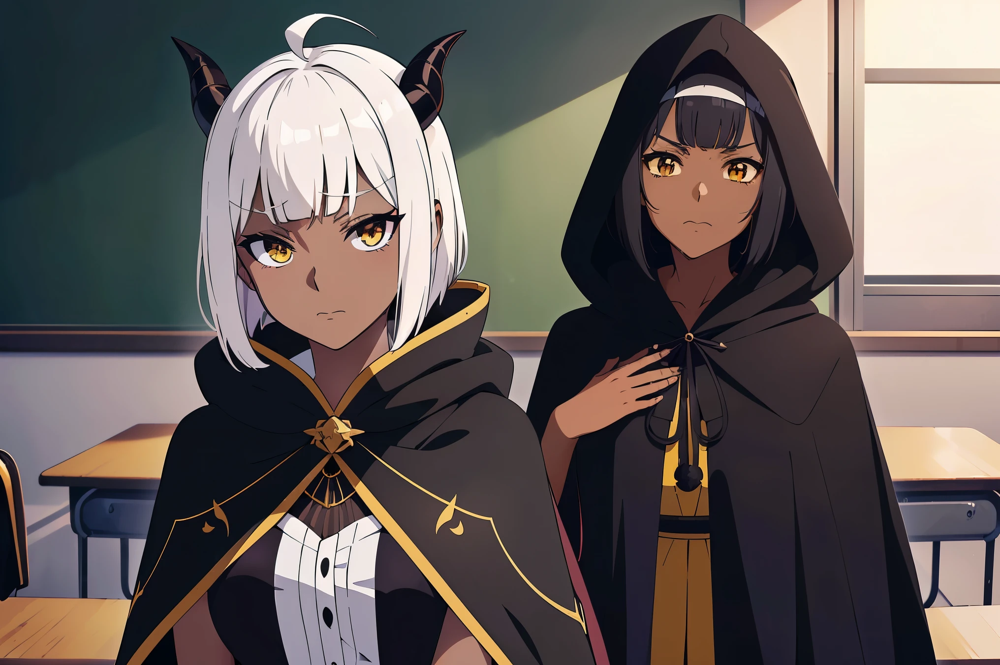 Cimematic vision, nigth, ((1girl)), (lolita), ((((Dark skin)))), ((((short white hair)))), (horns), (((blunt bangs))), yellow eyes, ((cabelo emaranhado)), ((((no expression)))), Sonolenta, ((ahoge)), ((((black cloak)))), desleixada, ((melhor qualidade)), ((obra de arte)), (detalhado), rosto perfeito, ((style novel)), ((in classroom)), cores beautiful, ((((style anime Shikimori-san))))