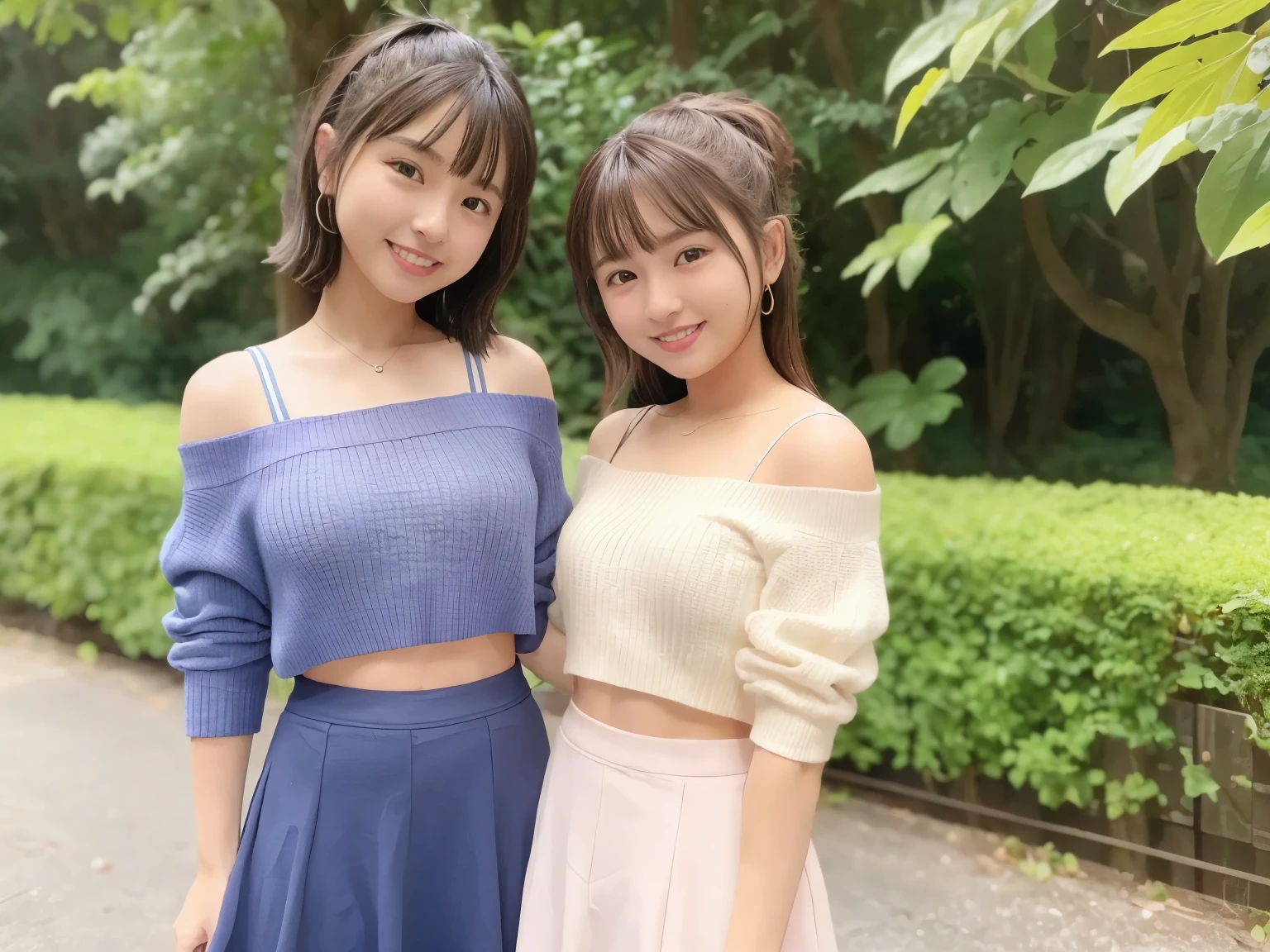 (two girls of the same age:1.2) , couple focus, adorable, 17yo, Upper body, japanese girl, standing next to each other ,  Off-shoulder summer knitwear  , skirt,  (smile), hair scrunchie,  (high color saturation:1.0), highest quality, ultra high resolution, photo-realistic, super detailed, 8k, RAW photo, (chest)