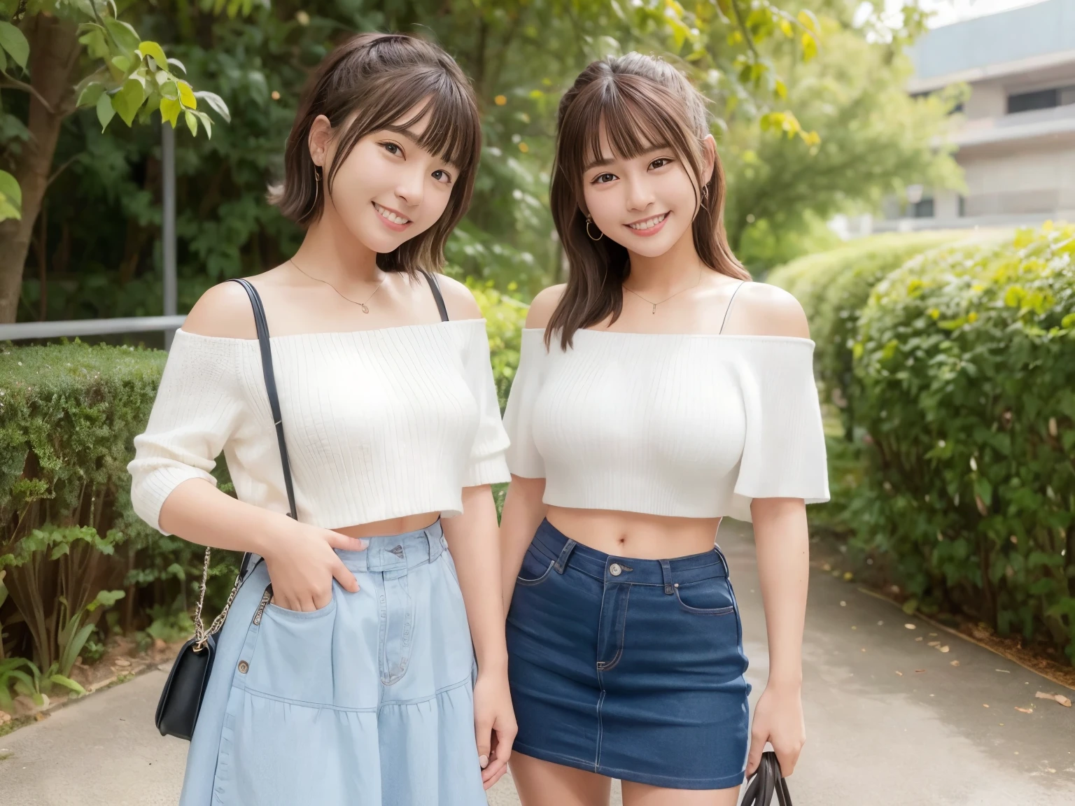 (two girls of the same :1.2) , couple focus, adorable, 17y Upper body, japanese girl, standing next to each other ,  Off-shoulder summer knitwear  , skirt,  (smile), hair scrunchie,  (high color saturation:1.0), highest quality, ultra high resolution, photo-realistic, super detailed, 8k, RAW photo, (chest)