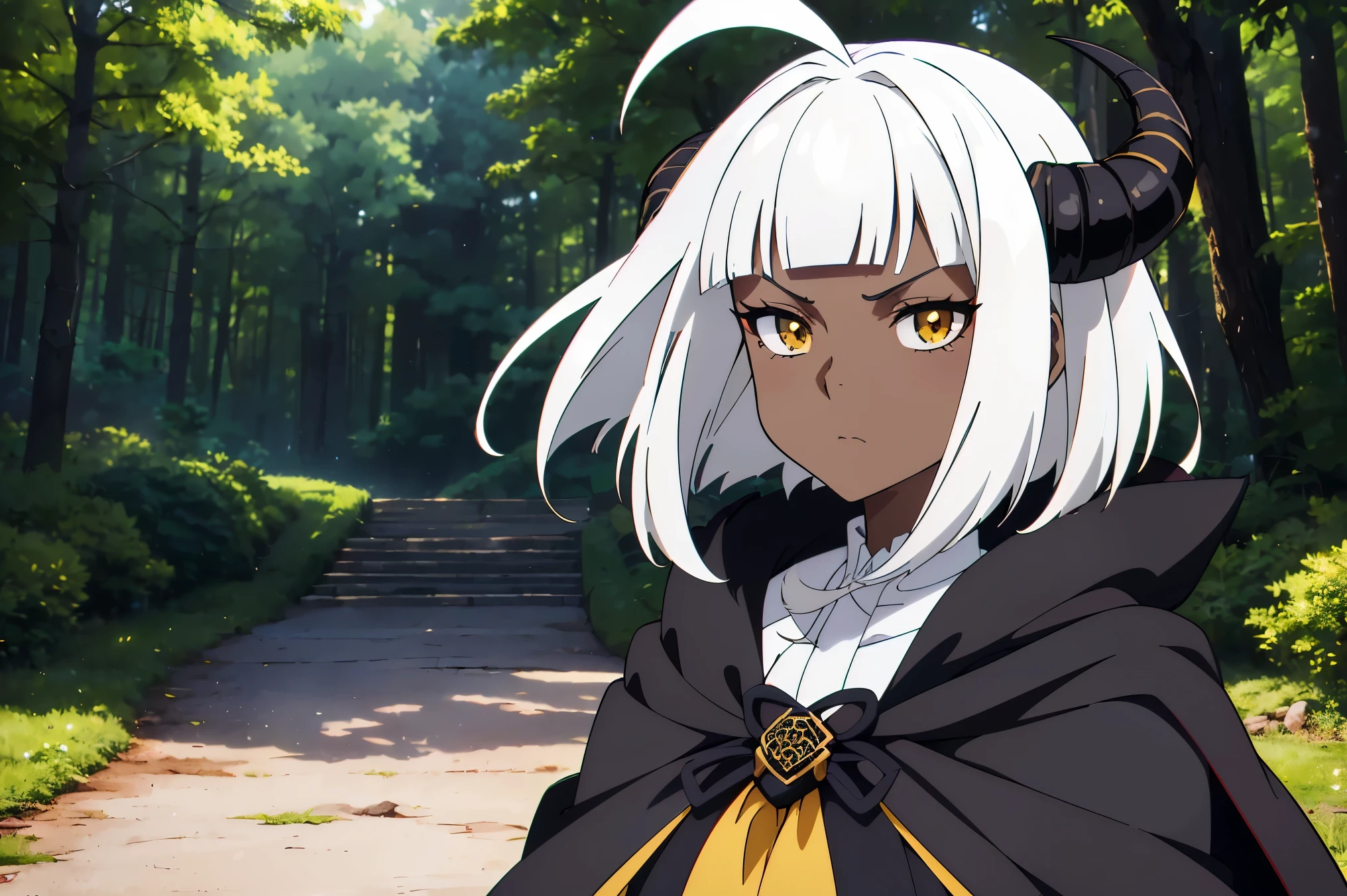 Cimematic vision, nigth, ((1girl)), (lolita), ((((Dark skin)))), ((((short white hair)))), (horns), (((blunt bangs))), yellow eyes, ((cabelo emaranhado)), ((((no expression)))), Sonolenta, ((ahoge)), ((((black cloak)))), desleixada, ((melhor qualidade)), ((obra de arte)), (detalhado), rosto perfeito, ((style novel)), ((in forest)), cores beautiful, ((((style anime Shikimori-san))))