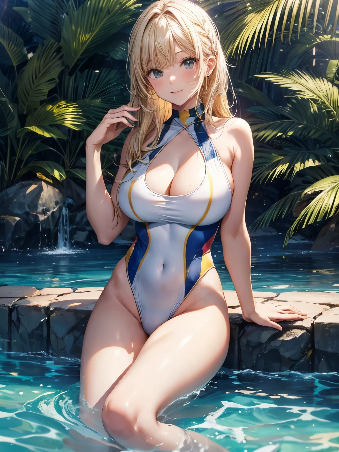 highest quality、complete limbs、refers to the whole、1 beautiful woman、beautiful big breasted woman:1.3、((blonde hair woman:1.3))、((Yellow and white one-piece swimsuit:1.3))、bare hands、barefoot、pool、big smile、hands on hips