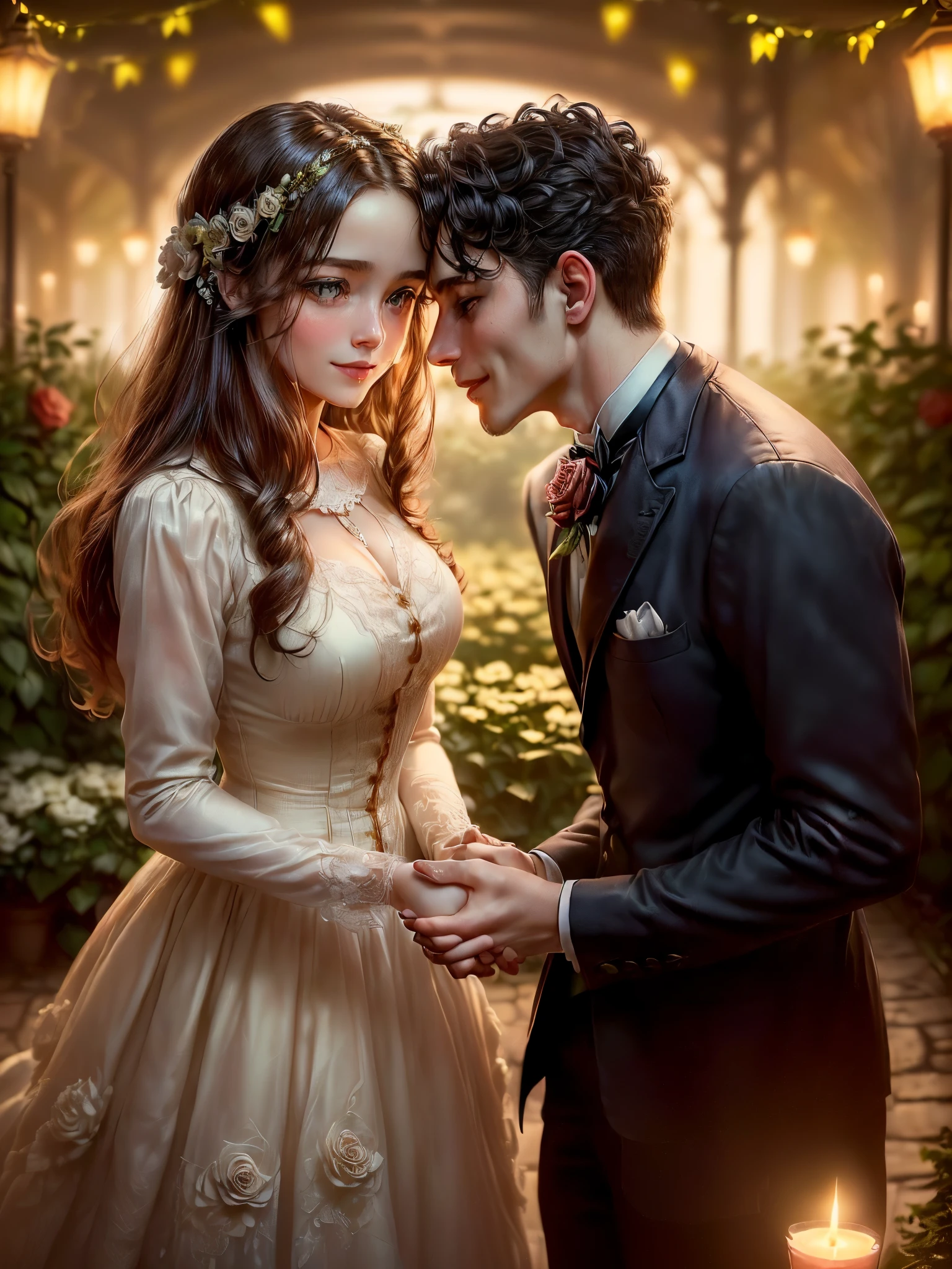 ((dreamy romantic atmosphere soft and magical light:1.3)), ((Imaginative scene light particles falling from the sky)), ((Meticulously detailed:1.3)), ((full shot:1.4)),((best quality)), ((masterpiece)), 3D, (((a young heterosexual couple from the 1860s:1.5, beautiful and cheerful, the man bows taking her hand and kissing the young woman's hand, she smiles, blushing with shyness: 1.5 ))), (hyper-detailed: 1.3), (( 1860s style of clothing, decorations on her hair and 1860s-style clothing, a respectful pose man and the young girl of shyness, full shot: 1.5)), ((Beautiful woman with shiny hair and hyper-detailed 1860s style: 1.3)), ((night background in a beautiful dream garden romantically illuminated with candles forming an illuminated path with rose petals: 1.3 ))), (((at night:1.2)) ), (photorealistic:1.4), ((Front camera)), (smiling happily), ( (Cinematic lighting with romantic tones and subtle candle lights:1.2)),. 32k.