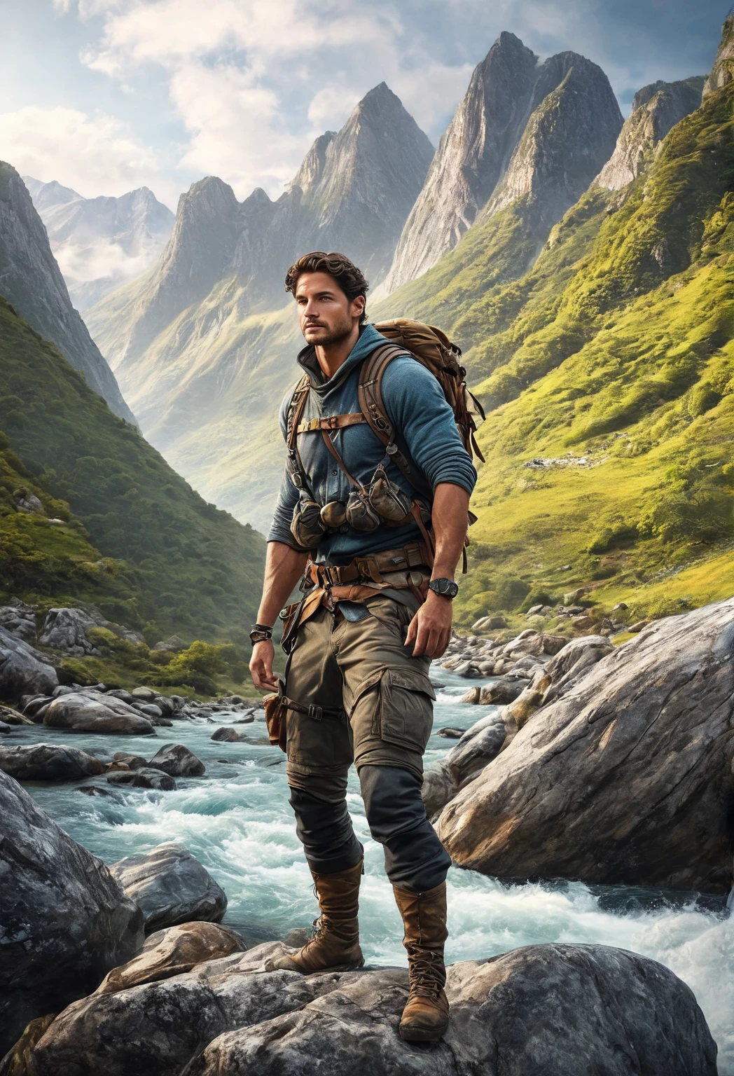 ultra-detailed, realistic, high detail, male adventurer, dynamic pose, mountains and river background