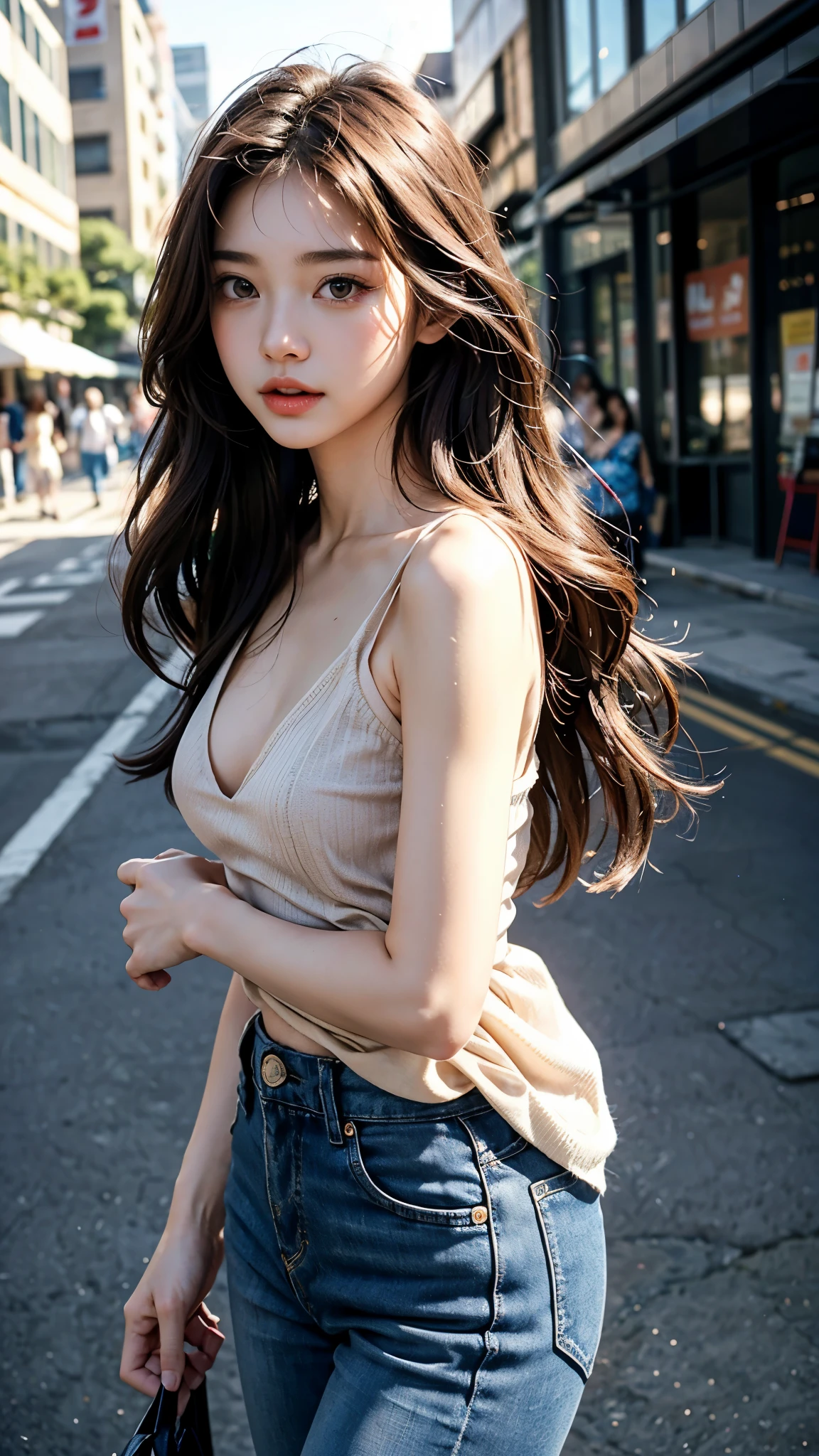 Super high quality,masterpiece,8k,A cute woman who looks like Ann Nakamura、very pretty and slender、outstanding style  、Super high quality、very delicate face, skin and hair、long hair、dark brown hair、Naked Jeans、cover your chest with your arms、in the street、now、busy street、8k images、Very cute Japanese cut-off face、Slender、medium breasts、The eyes and nose stand out clearly、gentle eyes