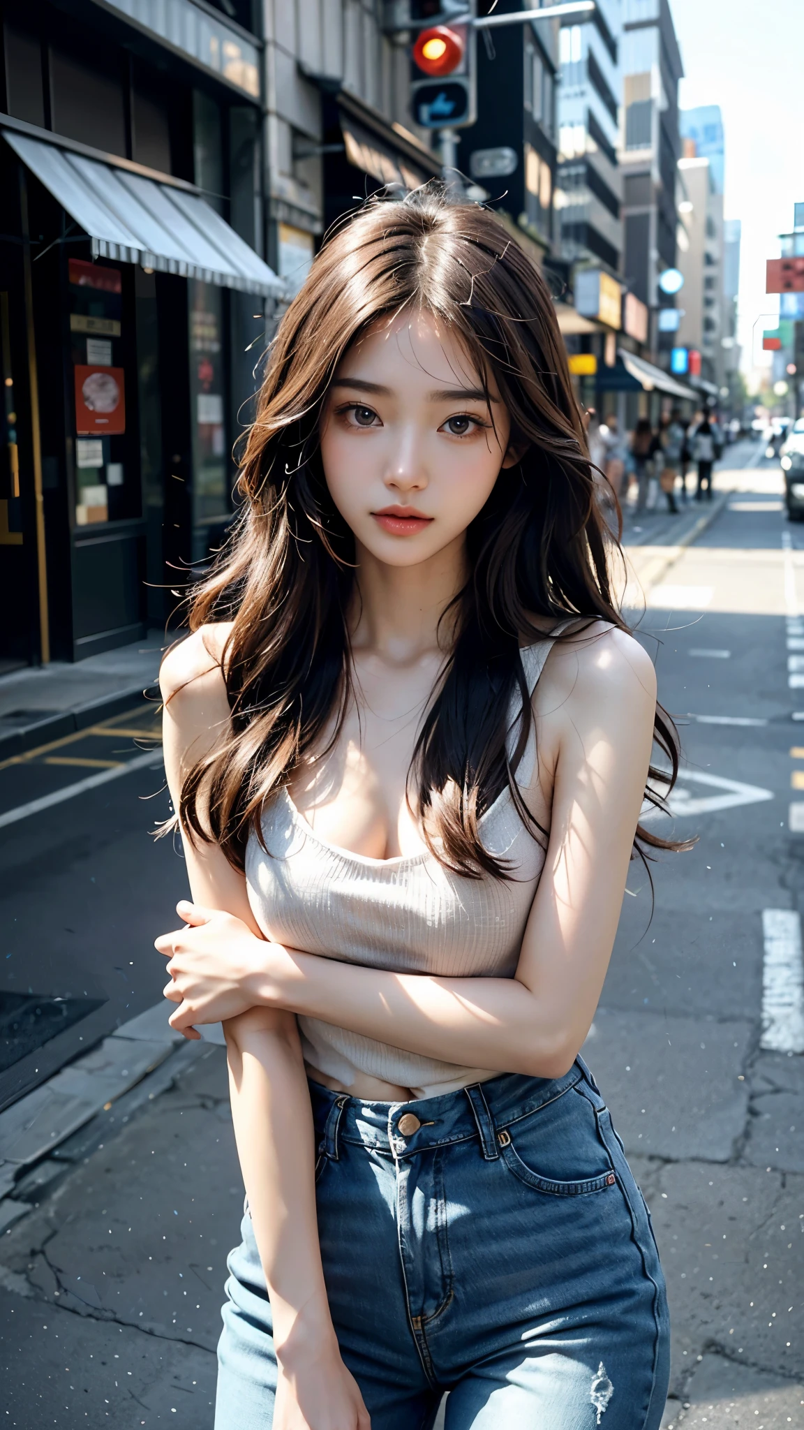 Super high quality,masterpiece,8k,A cute woman who looks like Ann Nakamura、very pretty and slender、outstanding style 、Super high quality、very delicate face, skin and hair、long hair、dark brown hair、Naked Jeans、cover your chest with your arms、in the street、now、busy street、8k images、Very cute Japanese cut-off face、Slender、medium breasts、The eyes and nose stand out clearly、gentle eyes