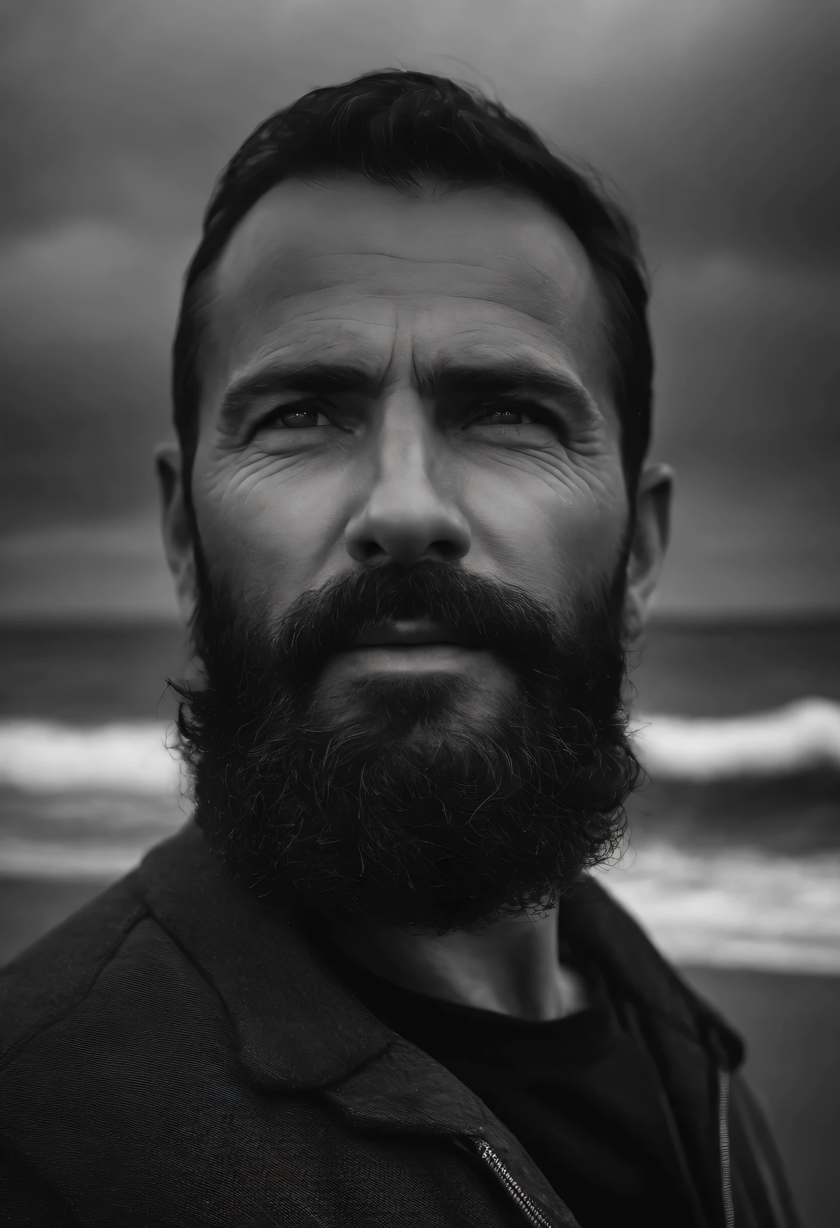 black and white photo of a 40 year old man in black clothes, face, wearing a beard, very short black hair, half body, highly detailed skin, skin pores, coastline, cloudy weather, wind, waves, 8k uhd, dslr , soft lighting, high quality, film grain, Fujifilm XT3