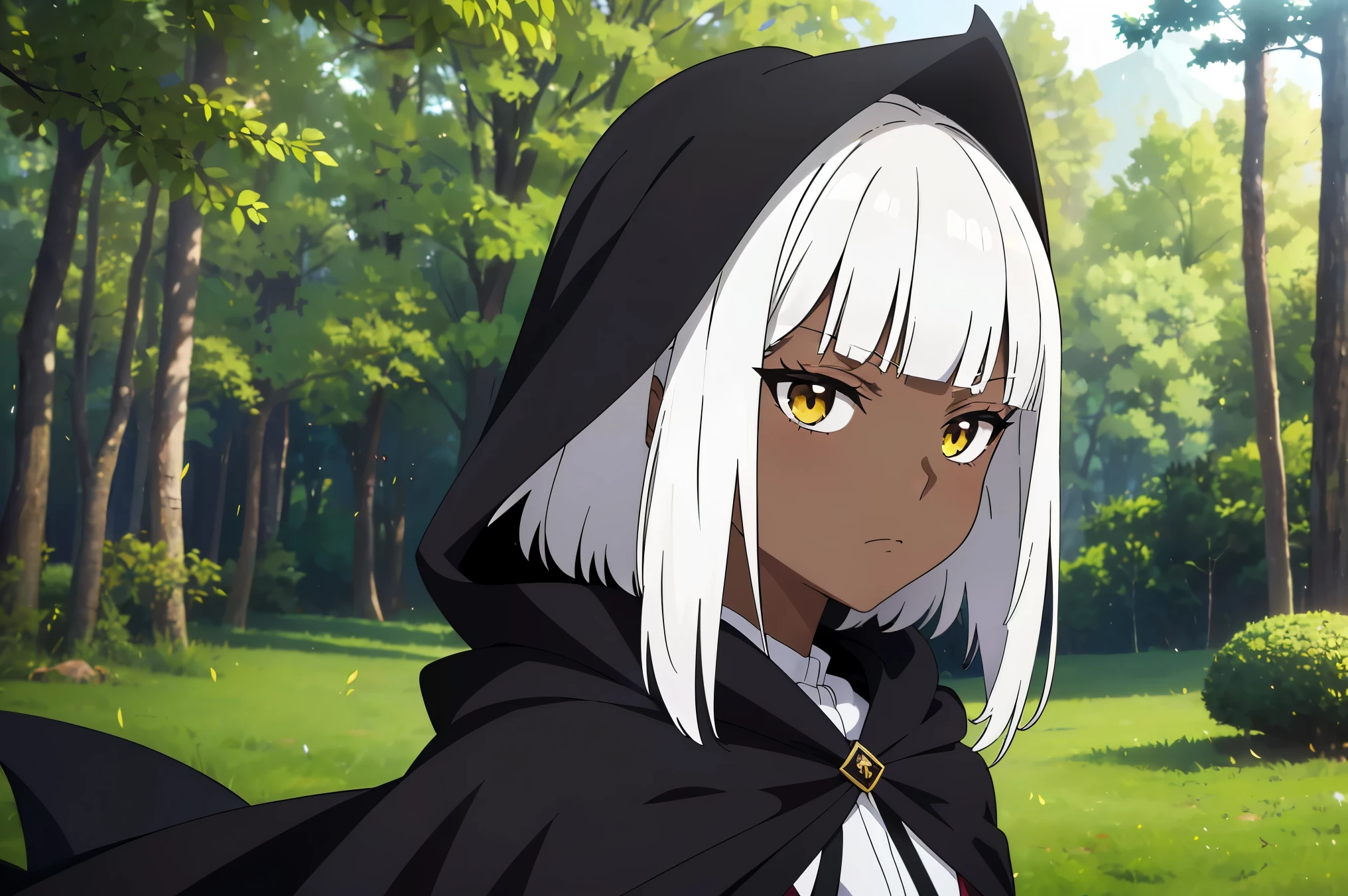 Cimematic vision, nigth, ((1girl)), (lolita), ((((Dark skin)))), ((((short white hair)))), (horns), (((blunt bangs))), yellow eyes, ((cabelo emaranhado)), ((((no expression)))), Sonolenta, ((ahoge)), ((((black cloak)))), desleixada, ((melhor qualidade)), ((obra de arte)), (detalhado), rosto perfeito, ((style novel)), ((in forest)), cores beautiful, ((((style anime Shikimori-san))))