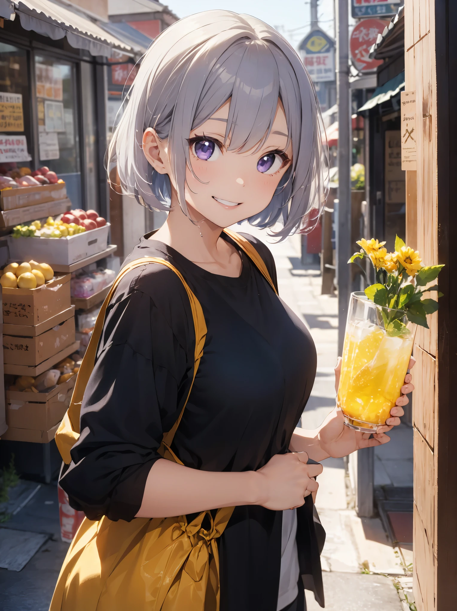 Transparent liquid、lemon juice、large transparent glass、gray hair、light purple eyes、bob hair、woman、smile