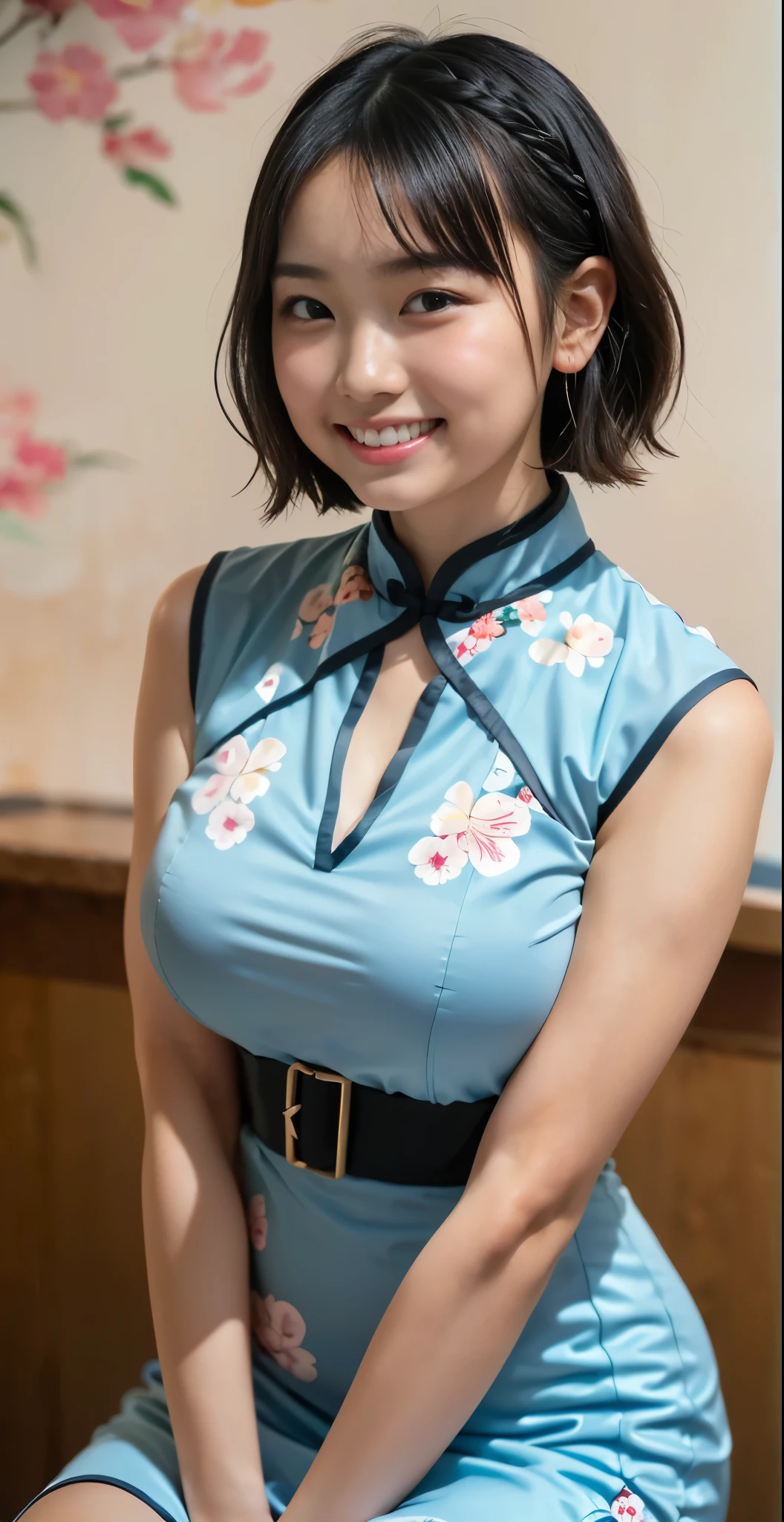 （8k、Raw photography、highest quality、masterpiece：1.2),(black haired、very short hair:1.8),(twin mitsu braid:1.4)、show viewer,Looking at the front,erotic,白いskin,(She is wearing a brightly colored Chinese dress with a floral pattern.。.。.:1.7)、()、(Clothing that emphasizes the shape of your chest、publish one&#39;skin:1.8)、(big breasts :1.4)、slim body shape、ultra high resolution,beautiful,beautiful fece,(alone、no background:1.9),whole bodyボディー,japanese woman,（Photoreal：1.37）、photon mapping,reality、(Baby-faced and cute: 1.0)、(cute smile: 1.7)、(With a round face: 1.7)、radio city、Physically based rendering、depth of field rally background、photograph, (I can see your knees,close up of thighs:1.5),whole body、super fine