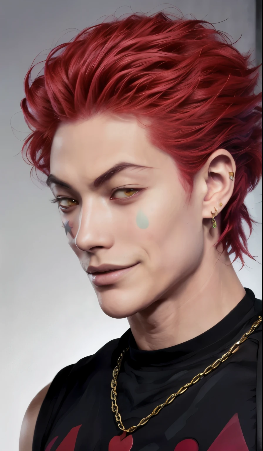 to base from this drawing, pink hair, shoulder length hair, pink hair, angled eyebrows, smirk, smile, smirking mouth, star on face, yellow eyes, sharp eyes, manly face, thin face, hisoka morrow, hisoka, magician, hunter x hunter, anime man, hisoka, man fron anime, looks exactly like hisoka, handsome man, asian man, handsome asian, smirking face, gold chain earrings, he is wearing gold chain earrings, earrings are gold