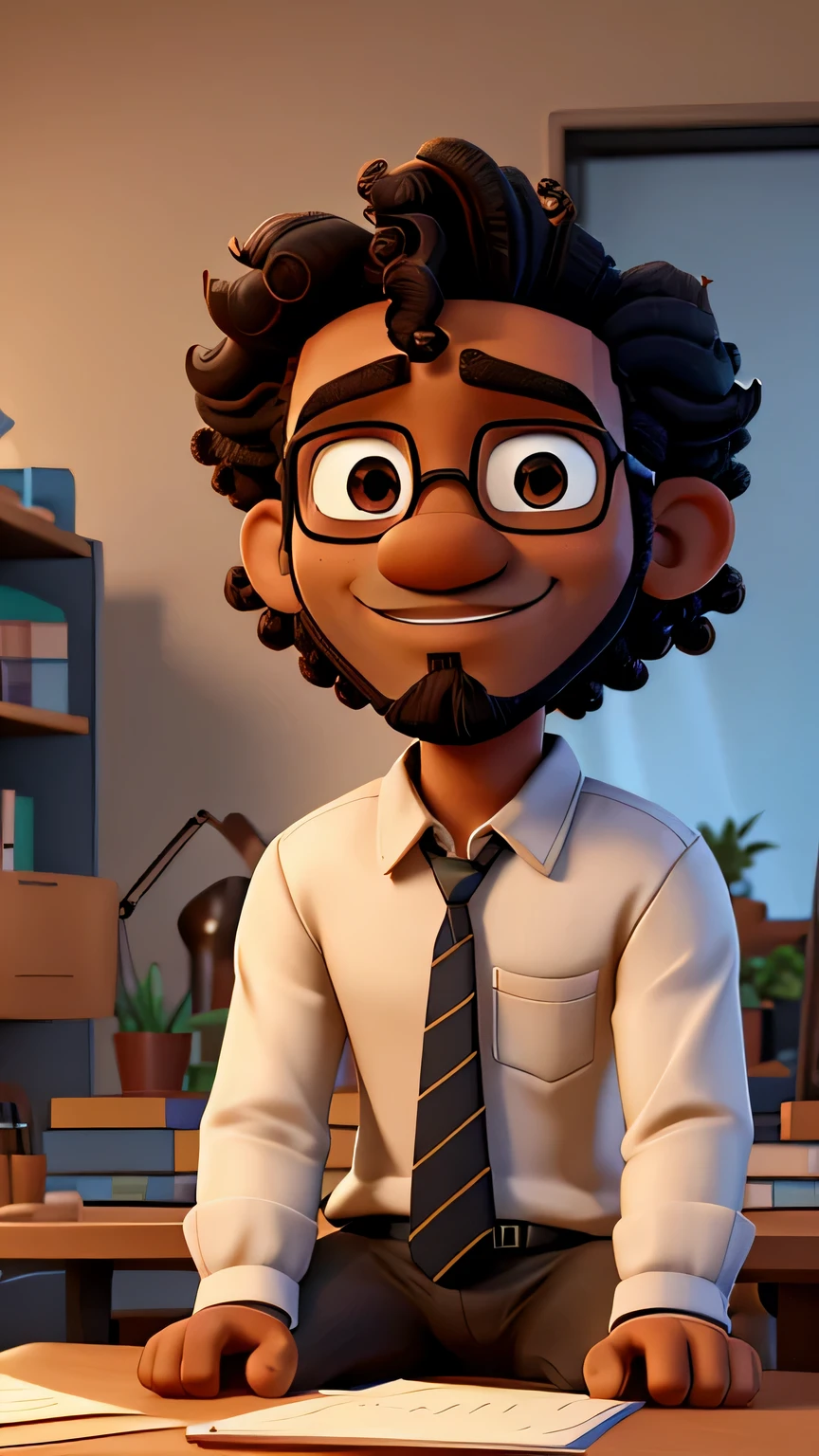render of a black man with bearded pointy chin, small ears, squinty almond shaped eyes, high cheekbones, wavy curly hair, wearing a casual shirt, sitting at a desk in a modern office with a laptop with soft warm lighting and plants and bookcases in the background in the style of disney pixar