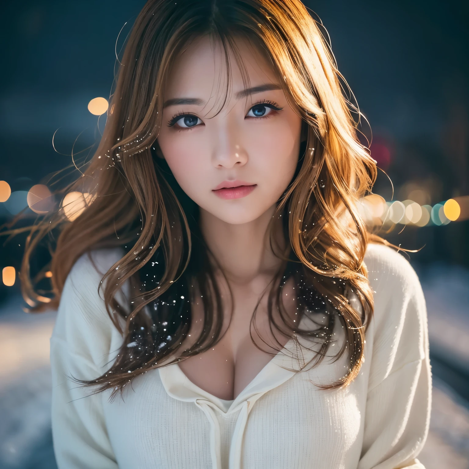 (table top、highest quality、8k、Award-winning work、ultra high resolution)、one beautiful woman、(perfect long sleeve hoodie:1.2)、Exactly、brown hair、blonde、big cleavage、Very long wavy hair、epic movie lighting、(romantic love feelings:1.1)、(The most romantic and moody atmosphere:1.1)、winter、snow scene、It&#39;s snowing、(Walking through the snowy streets of Norway:1.1)、look at me、(Big breasts that are about to burst:1.1)、(Most emphasize the body line:1.1)、very long hair、blurred background、accurate anatomy、ultra high definition hair、ultra high resolutionの完璧な美しい歯、Ultra high definition beauty face、ultra high definition hair、Super high-definition sparkling eyes、輝くultra high resolutionの美肌、ultra high resolutionの艶やかな唇、(close up of face:1.3)