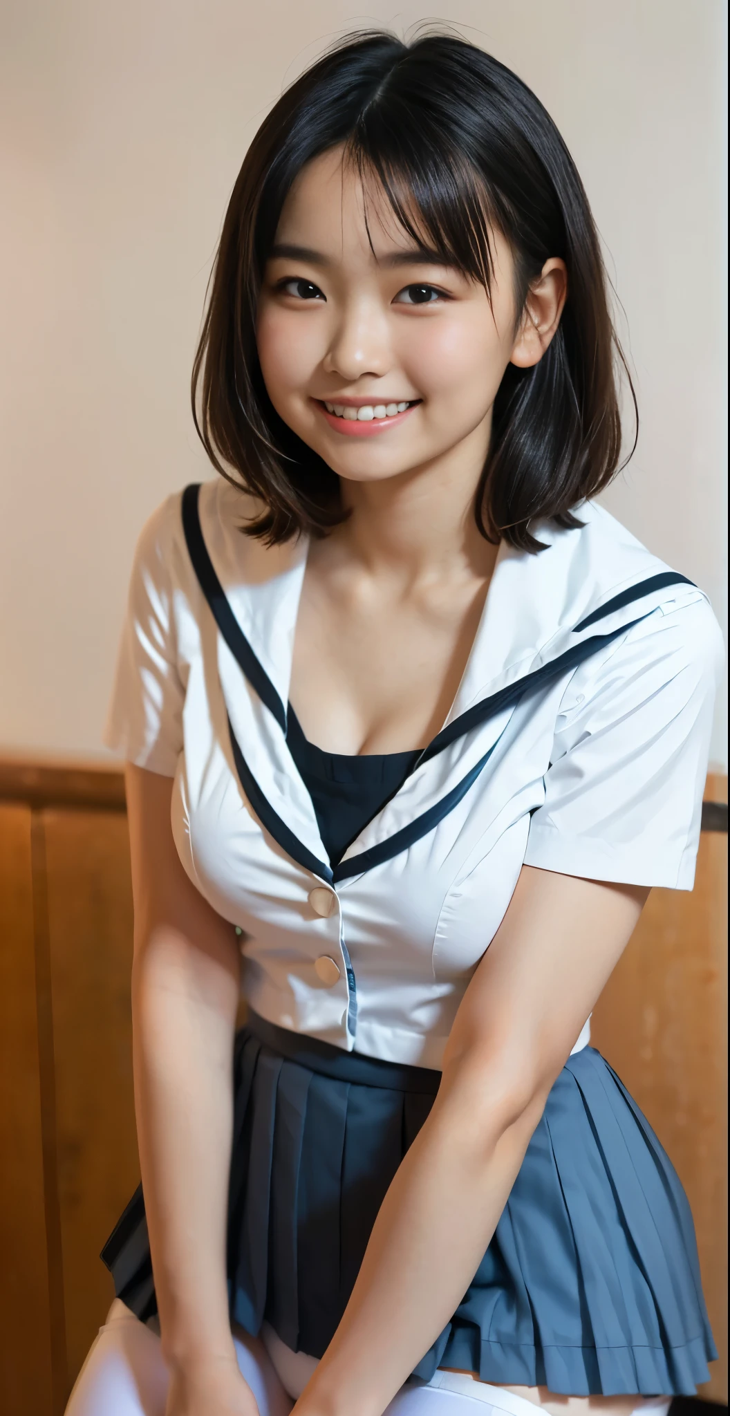 (8k、Raw photography、highest quality、masterpiece:1.2),(black haired、very short hair:1.8),(twin mitsu braid:1.4)、show viewer,Looking at the front,erotic,白いskin,(She is wearing a bright colored school uniform。.。.:1.7)、()、(Clothing that emphasizes the shape of your chest、publish one'skin:1.8)、(big breasts :1.4)、slim body shape、ultra high resolution,beautiful,beautiful fece,(alone、no background:1.9),whole bodyボディー,japanese woman,(Photoreal:1.37)、photon mapping,reality、(Baby-faced and cute: 1.0)、(cute smile: 1.7)、(With a round face: 1.7)、radio city、Physically based rendering、depth of field rally background、photograph, (I can see your knees,too short skirt、close up of thighs、show white panties:1.5),whole body、super fine