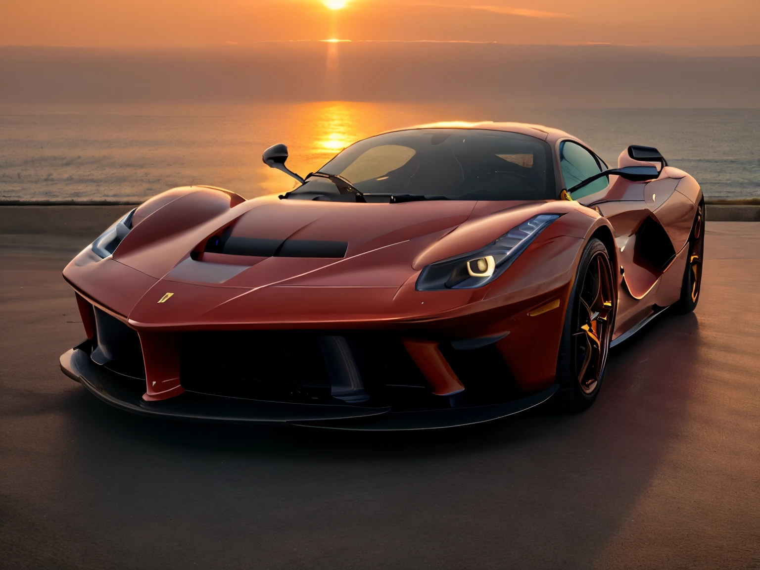 Ferrari laFerrari driving into sunset, photo taken from rear left angle, ultra photorealism, sharp details, wide angle photography, 16k UHD, realistic proportions, fprza horizon 5
