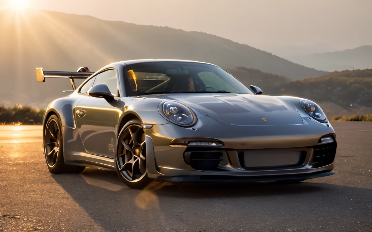 at dusk at golden hour, Sunlight shines through the windows from behind, porsche 911 gt，epic wide shot,  stunning atmosphere, epic stunning atmosphere, Gorgeous atmosphere, cinema shot!, crisp smooth lines, epic low shot, high quality desktop wallpaper,