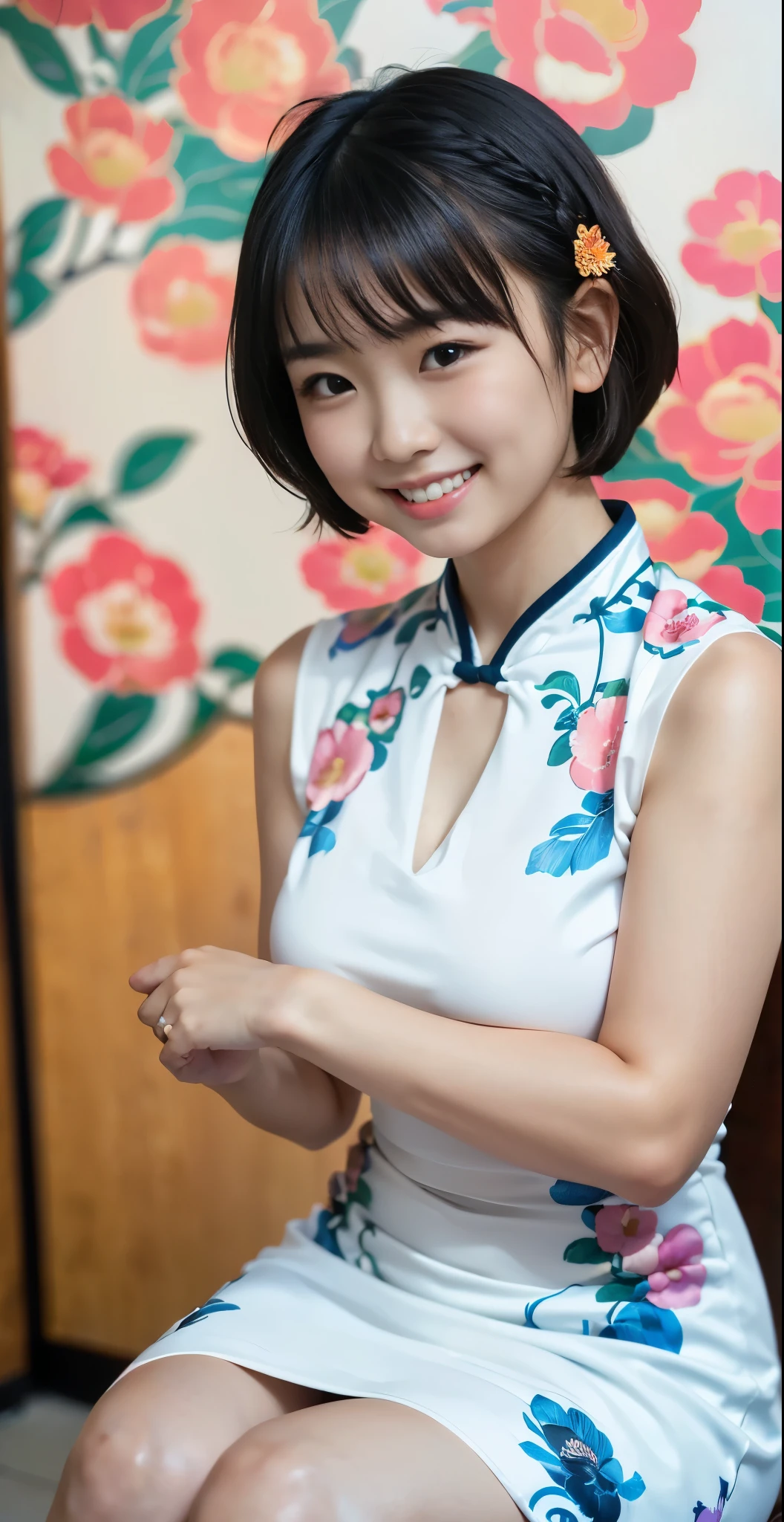 （8k、Raw photography、highest quality、masterpiece：1.2),(black haired、very short hair:1.8),(twin mitsu braid:1.4)、show viewer,Looking at the front,erotic,white skin,(She is wearing a brightly colored Chinese dress with a floral pattern.:1.7)、()、(Clothing that emphasizes the shape of your chest、publish one&#39;Skin:1.6)、(big breasts :1.2)、slim body shape、ultra high resolution,beautiful,beautiful fece,(alone、no background:1.9),whole bodyボディー,japanese woman,（Photoreal：1.37）、photon mapping,reality、(Baby-faced and cute: 1.0)、(cute smile: 1.7)、(With a round face: 1.7)、radio city、Physically based rendering、depth of field rally background、photograph, (I can see your knees,close up of thighs:1.5),whole body、super fine