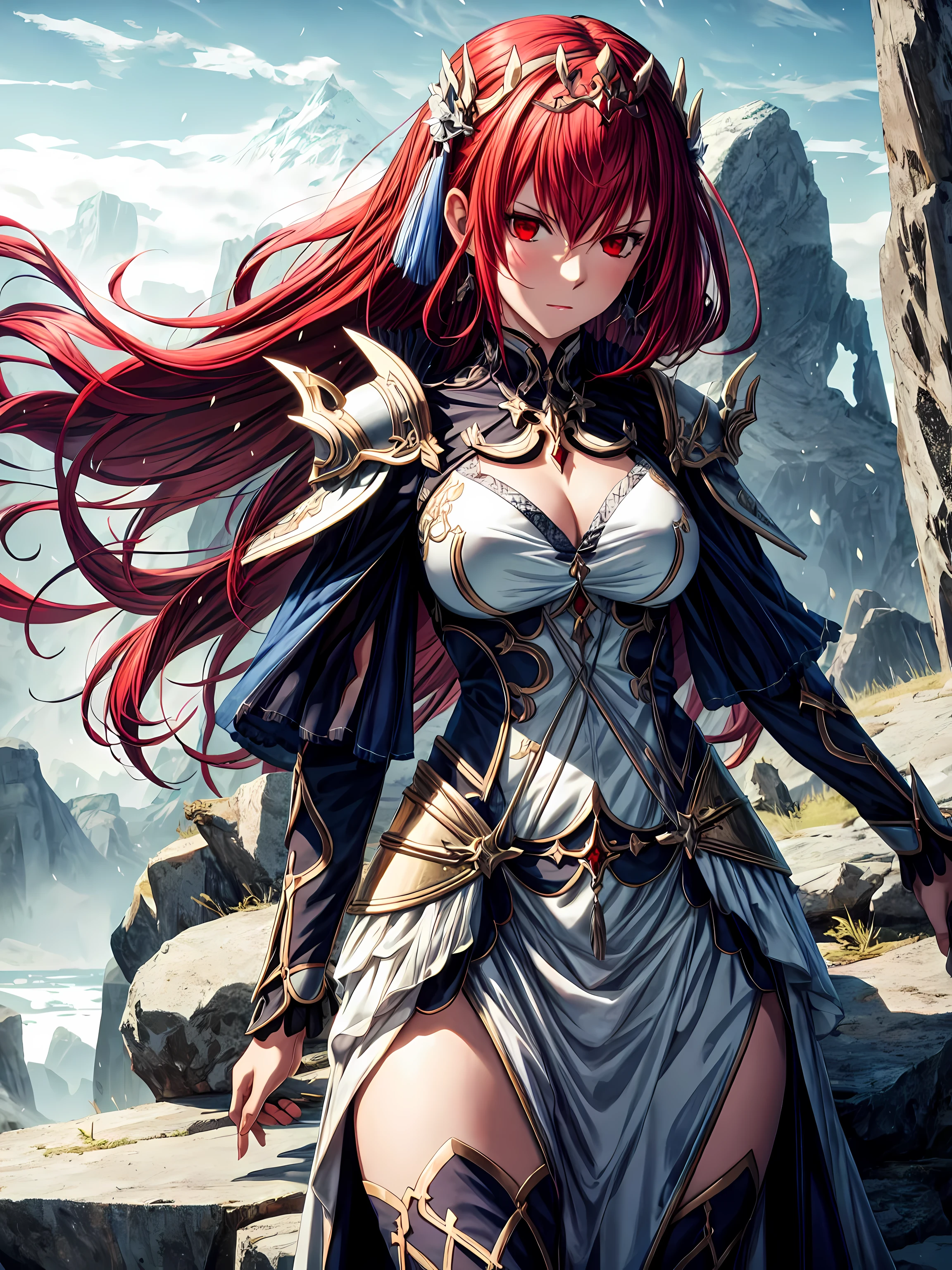 ((Masterpiece in maximum 8K resolution, estilo de arte inspirado em jogos como Fate Grand Order, with a fusion of Scandinavian and Celtic elements.)) | skadi, uma mulher com cabelos ruivos e olhos vermelhos, is in the middle of an epic battle. She wears a detalheed and ornate battle outfit adorned with Scandinavian and Celtic motifs, combining strength and beauty. His posture is confident and powerful, holding a weapon in each hand, ready to face any opponent. Ao redor dela, a mystical and enchanted landscape unfolds, com montanhas cobertas de neve, florestas densas, and a sky illuminated by the aurora borealis. | The scene Composition is dynamic, with the camera positioned at a low angle, emphasizing skadi's imposing presence. The shot is average, allowing both the character's detalhes and the landscape to be appreciated. | The lighting is dramatic, with predominantly cold tones and warm touches in highlighted areas. Cinematic lighting effect and depth of field create an immersive, realistic atmosphere. | skadi, o guerreiro ruivo e de olhos vermelhos, in an epic battle in a mystical Scandinavian and Celtic landscape. | {The camera is positioned too close to her, revealing her entire corpo as she assumes a dynamic Pose, interagindo e apoiando-se em uma estrutura na cena de uma forma emocionante.} | (((She takes a dynamic Pose as she interacts, boldly leaning on a rock formation, Looking Away with Determination.))), (((((full-corpo_imagem))))), ((perfeito_Pose, perfeito_Anatomia, perfeito_corpo)), ((perfeito_dedo, perfeito_dedos, perfeito_hand, perfeito_hands, melhorar_hands)), ((perfeito_Composition, perfeito_Projeto, perfeito_layout, perfeito_detalhe), (ultra_detalheed, Mais detalhes, melhorar)).