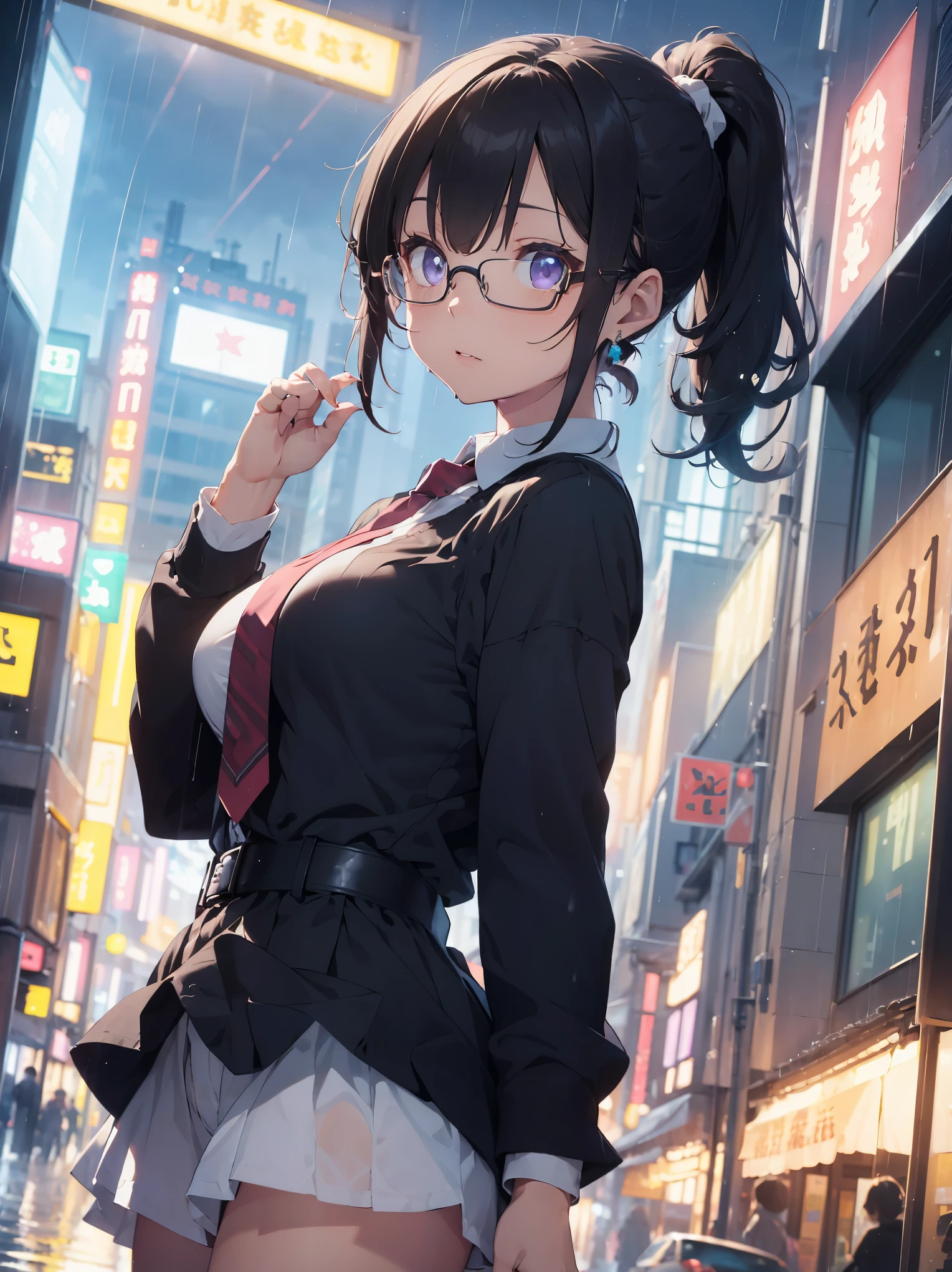 ((masterpiece)), ((highest quality)), (super detailed), ((cute)), cute, (Lovely), ((sexy)), (device), ((very detailed)), 4k, (8k), highest quality, (beautiful), anime style, Upper body, looking down from above, whole body concentration, city, town, morning, a cute girl, 1 girl, alone, suit, beautiful light brown hair, beautiful purple eyes, ((beautiful eyes)), white skin, ponytail, transparent hair, translucent hair, big breasts, Glasses, necktie, tie, earrings, troubled look, wind effect, rainy, rain, shiny, shine, wet with water, reflection effect