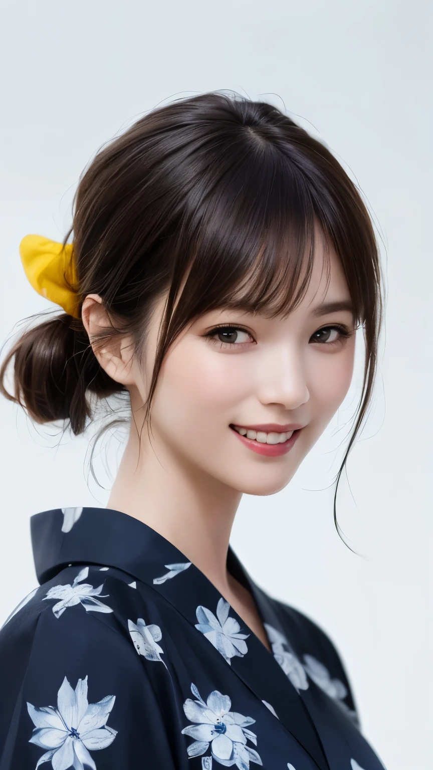 (highest quality、8k、32K、masterpiece)、(realistic)、(Photoreal:1.2)、(High resolution)、Super detailed、very beautiful face and eyes、1 girl、round and small face、thin waist、delicate body、(close、highest quality、high detail、rich skin details)、(highest quality、8k、oil paint:1.2)、Super detailed、(realistic、realistic:1.37)、(((I have black hair)))、(((laughter)))、(((bust shot)))、((ponytail))、(((Pure white wall background)))、(((She is wearing a blue and white yukata)))、(((pure white wall background)))、(((Polka-dot yukata)))、(((大laughterしています)))、(((Teeth are visible)))、(((I put my hand on my head)))、(((Her hair is tied up in a yellow scrunchie)))