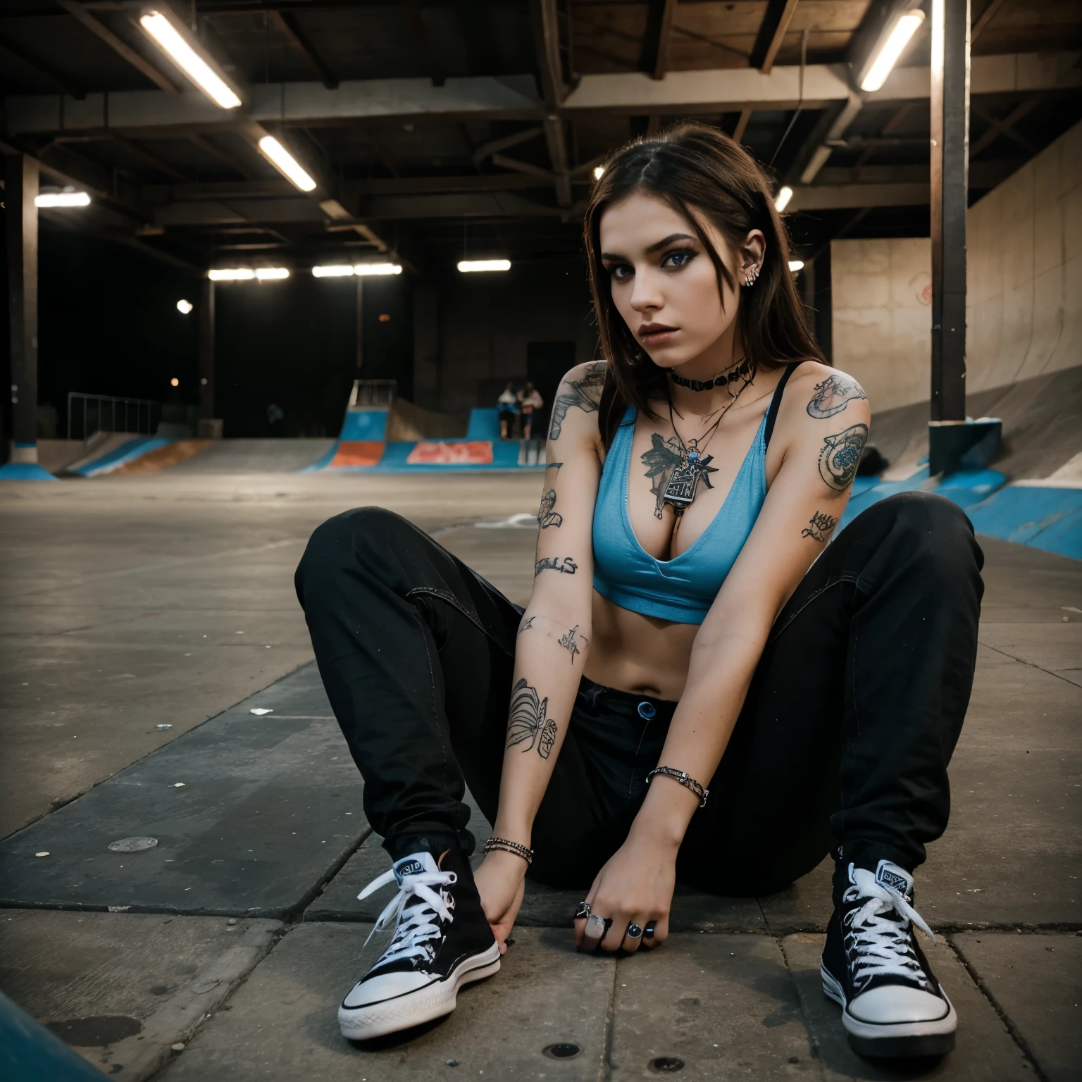 Albanian, girl, brown hair, blue eyes, 1. Emo girl, Skatepark, Pose, Urban, Alternative fashion, Piercings, Tattoos, Dark makeup, Moody, Converse