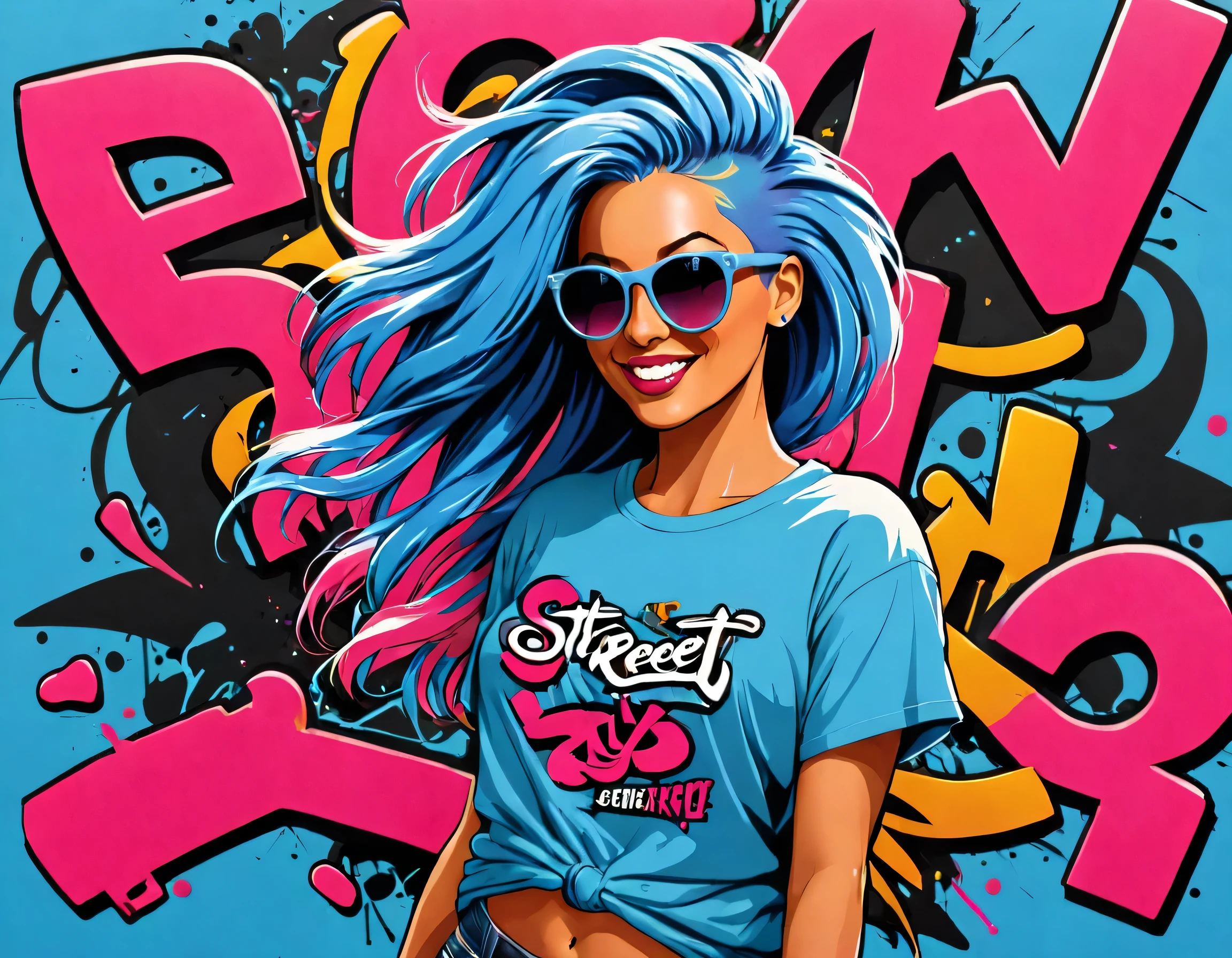 camiseta_Design, ("calle" logotipo de texto:1.3), Hermosa mujer sonriente y juguetona con gafas de sol rosas y pelo azul, El viento sopla su cabello, Pintada, (estilo callejero), vistoso, camiseta_Design, fondo claro