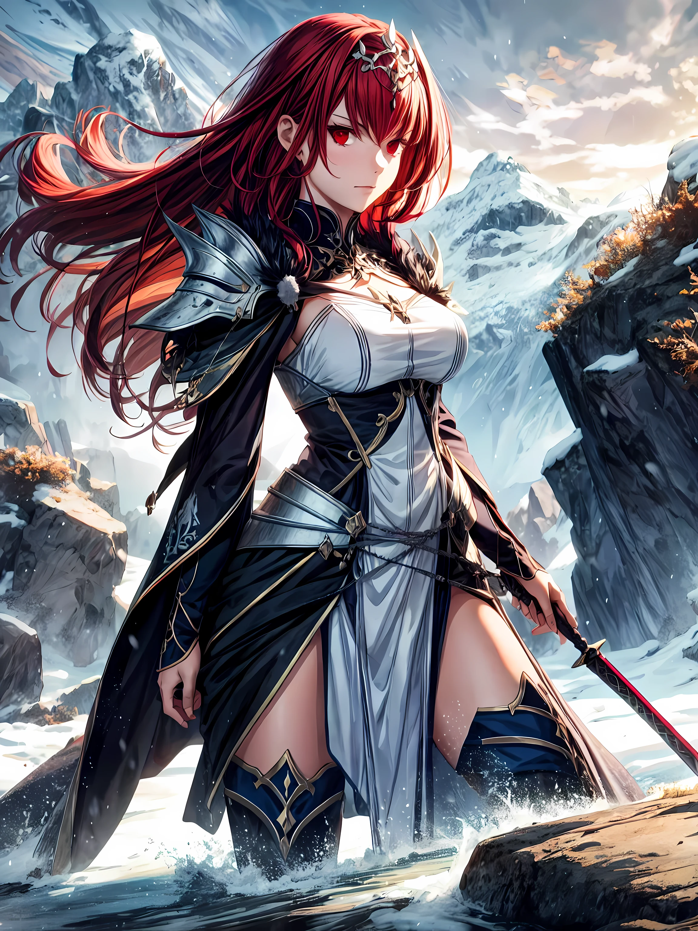 ((Masterpiece in maximum 8K resolution, estilo de arte inspirado em jogos como Fate Grand Order, with a fusion of Scandinavian and Celtic elements.)) | skadi, uma mulher com cabelos ruivos e olhos vermelhos, is in the middle of an epic battle. She wears a detalheed and ornate battle outfit adorned with Scandinavian and Celtic motifs, combining strength and beauty. His posture is confident and powerful, holding a weapon in each hand, ready to face any opponent. Ao redor dela, a mystical and enchanted landscape unfolds, com montanhas cobertas de neve, florestas densas, and a sky illuminated by the aurora borealis. | The scene Composition is dynamic, with the camera positioned at a low angle, emphasizing skadi's imposing presence. The shot is average, allowing both the character's detalhes and the landscape to be appreciated. | The lighting is dramatic, with predominantly cold tones and warm touches in highlighted areas. Cinematic lighting effect and depth of field create an immersive, realistic atmosphere. | skadi, o guerreiro ruivo e de olhos vermelhos, in an epic battle in a mystical Scandinavian and Celtic landscape. | {The camera is positioned too close to her, revealing her entire corpo as she assumes a dynamic Pose, interagindo e apoiando-se em uma estrutura na cena de uma forma emocionante.} | (((She takes a dynamic Pose as she interacts, boldly leaning on a rock formation, Looking Away with Determination.))), (((((full-corpo_imagem))))), ((perfeito_Pose, perfeito_Anatomia, perfeito_corpo)), ((perfeito_dedo, perfeito_dedos, perfeito_hand, perfeito_hands, melhorar_hands)), ((perfeito_Composition, perfeito_Projeto, perfeito_layout, perfeito_detalhe), (ultra_detalheed, Mais detalhes, melhorar)).