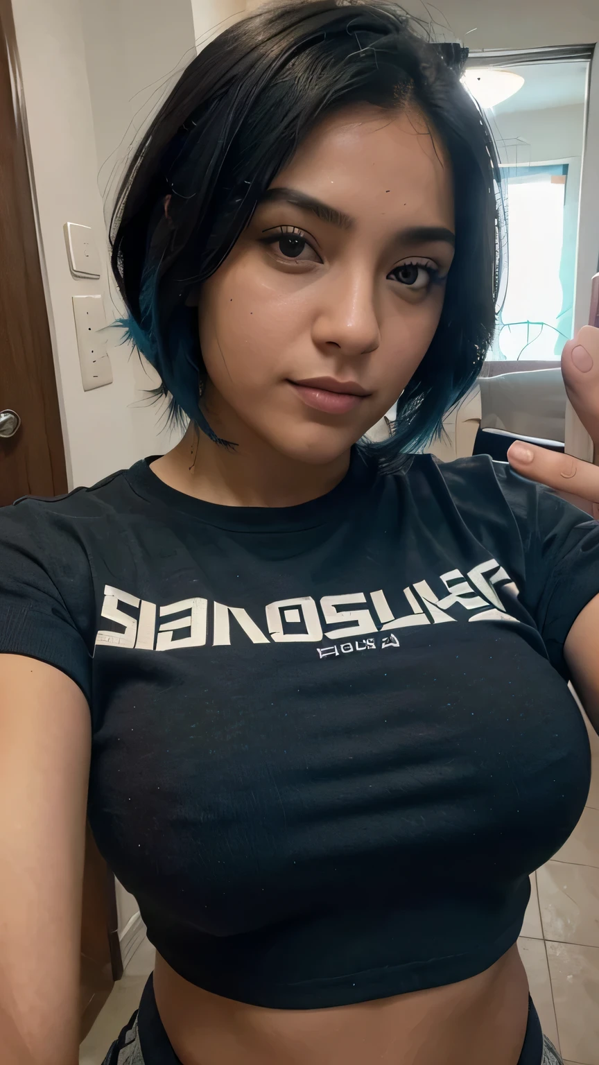 chica de 19, rasgos mexicanos, spsteniendo sus tetas con una mano, 1 mano en la tetas, sostiene sus tetas, solo tetas, sin faxes, angle, cabello corto, puntas azules, pelaje azul, en su cuarto, autofoto, solo cara, aesthetic, cabello corto, zoom, zoom facial, cabello corto, pelaje azul, auto autofoto, sudadera con capucha negro, negro su suerter, sudadera con capucha negra, sudadera con gorro, mirando arriba, camara desde arriba, Angle up, low angle arm, cabello azul, autofoto, autofoto phone, mirror autofoto,