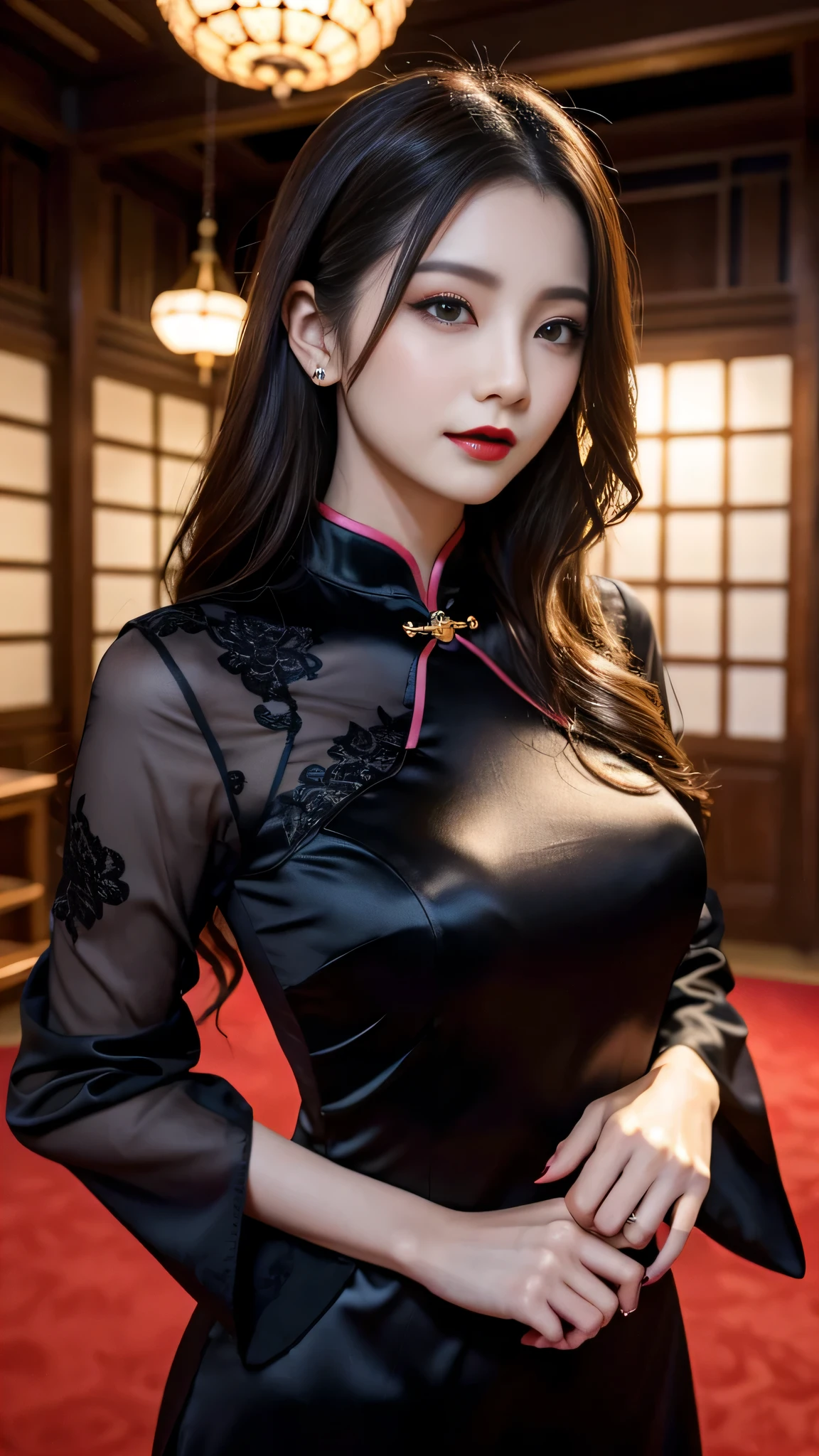 Super detailed、Japanese、charming beauty、seductive adult woman、Beautiful woman、sharp eyes、cool girl、wavy hair、long black cheongsam、wide sleeve、evilの幹部、evil depravity、brainwashing、Mind control、apply lipstick、grin、evilな表情、evil、empty eyes、evil、church at night、vampire、vampire、Hypnosia makeup brush