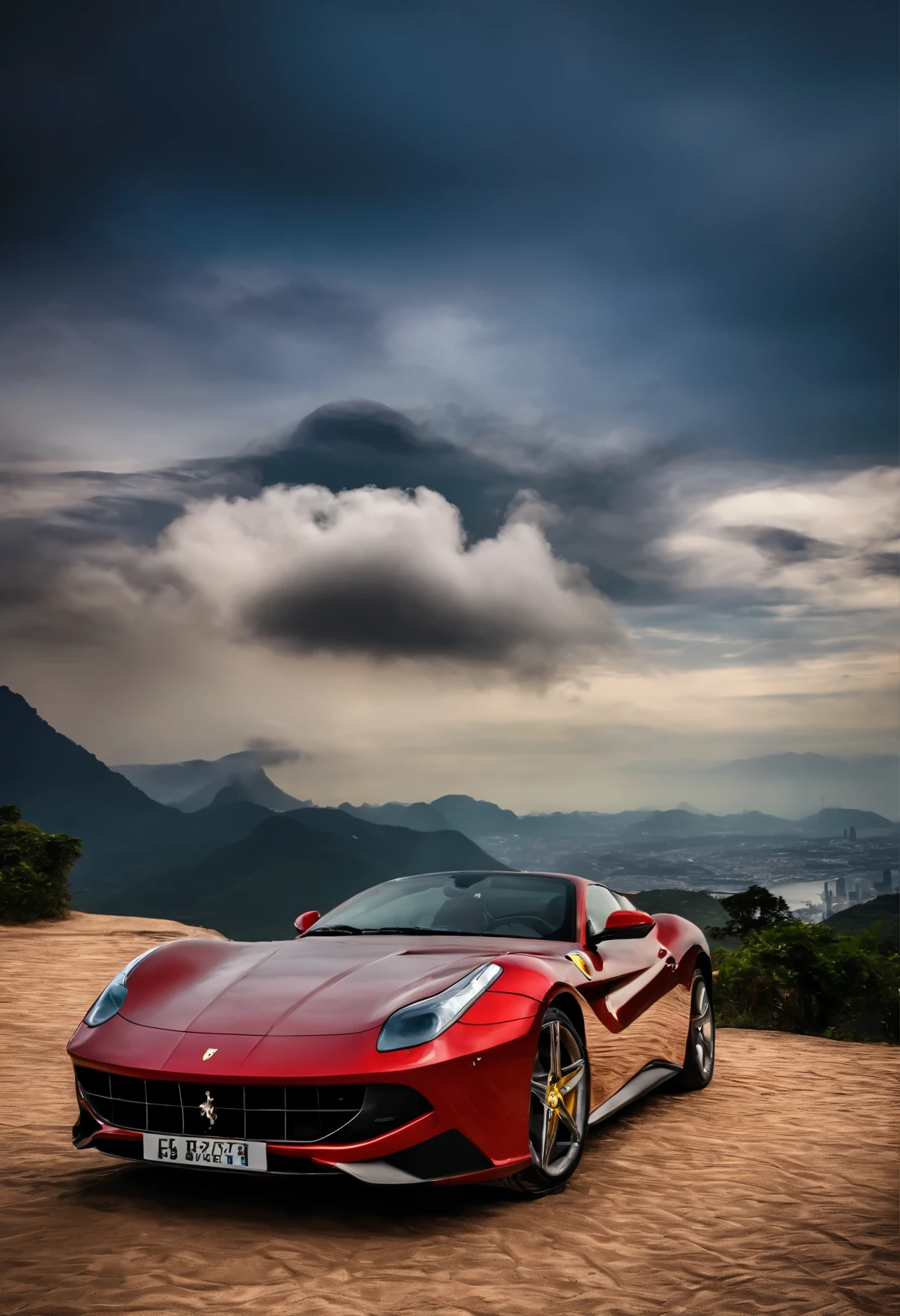 ferrari preta no deserto do saara com uma montanha de fundo, no fundo da imagem o cristo redentor do rio de janeiro. dia chuvoso, nuvens, raios.