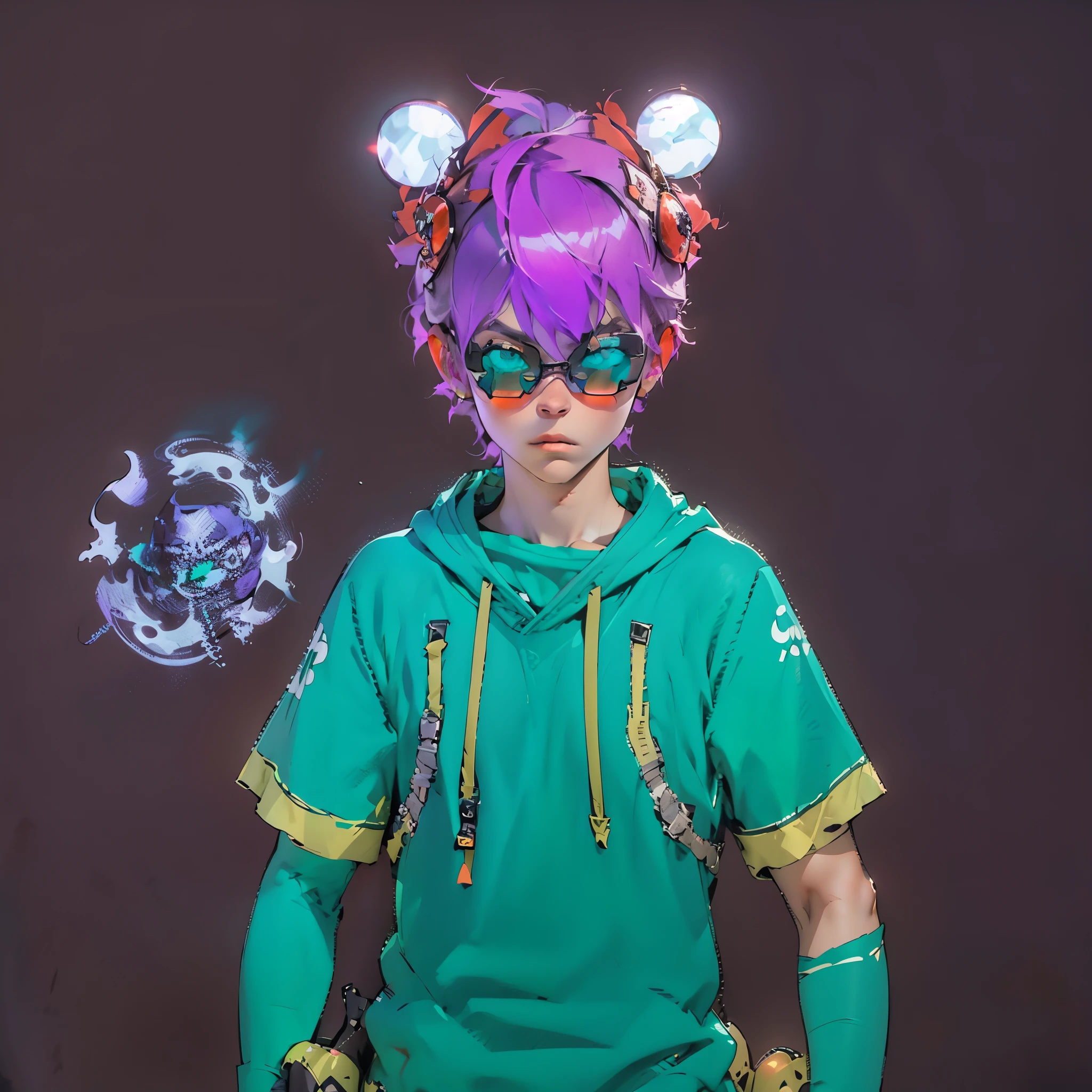 ocus on the person. We create and express the best shining composition of the person. apply anti-aliasing, ((Masterpiece)), (((highest quality)))), ((Ultra detail)), (Ultra realistic), (Highly detailed CG illustrations),style image of a man with purple hair and a green hoodie, lunar themed attire, teal skin, stylized anime, ninja outfit, , anime set style, upper body 2d game avatar, trigger anime artstyle, dapper dream demon, anime stylized, wearing green tinted glasses.