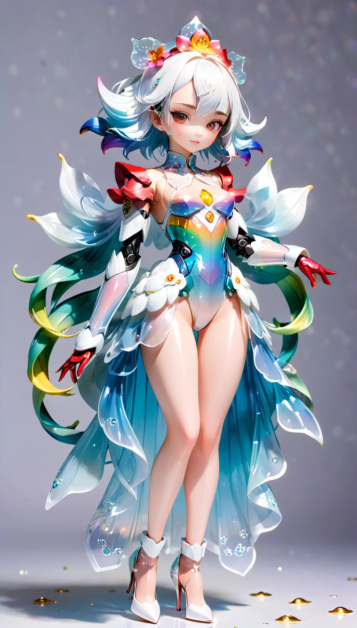 (Blind Box Spielzeug Stil:1.2),full body, solo,white background,(A female robot in a transparent White gradients Lotus dress, wearing gloves and high heels),(Chinese color,Very colorful), 3D