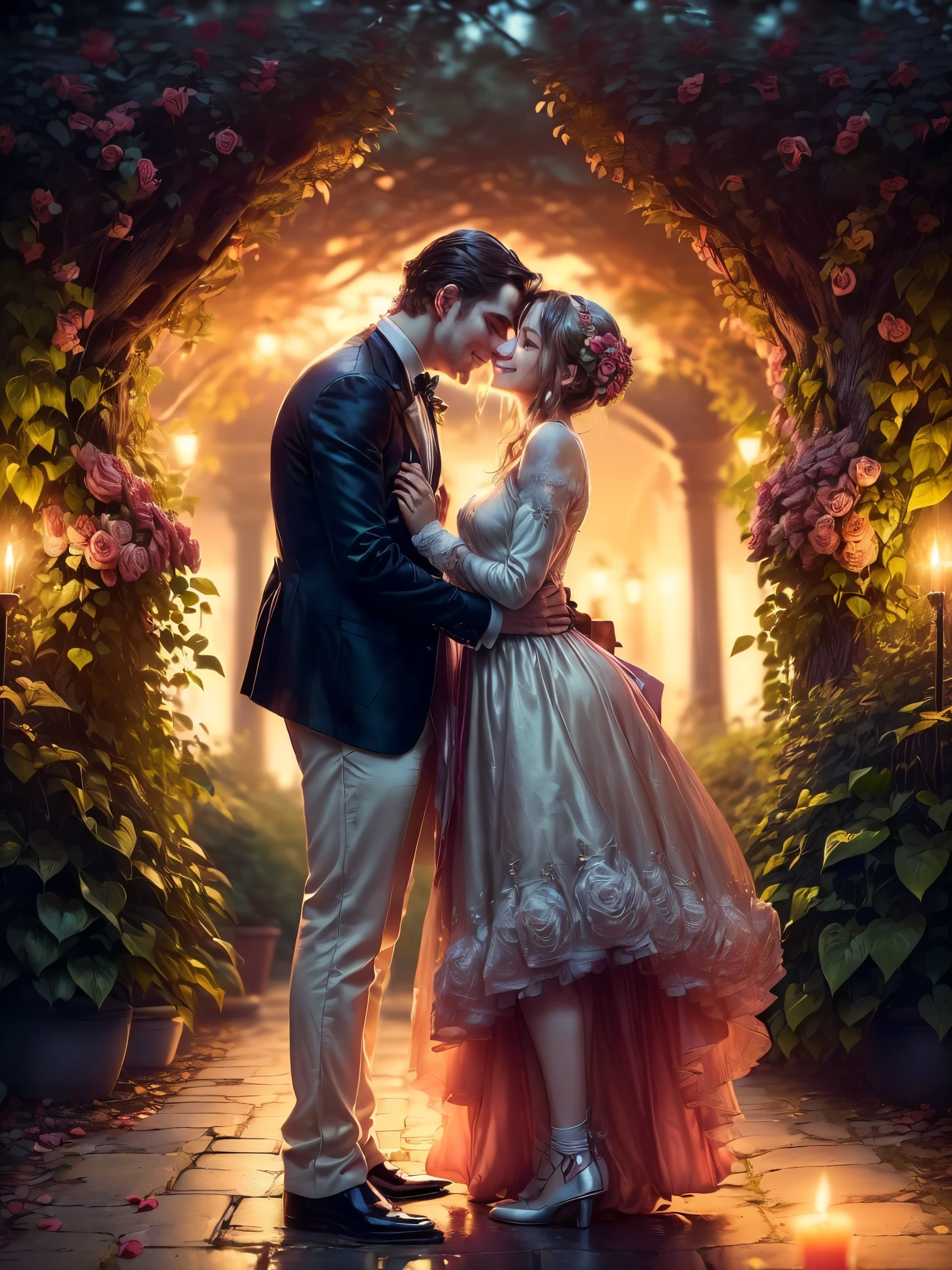 ((dreamy romantic atmosphere, soft and magical light:1.3)), ((Imaginative scene light particles falling from the dreamy sky)), ((Meticulously detailed:1.3)), ((full shot:1.4)), ((best quality) ), ((masterpiece)), 3D, (((a young heterosexual couple from the 1860s:1.5, beautiful and cheerful, the man bends on one knee holding her hand and kissing her hand young, she smiles blushing with shyness: 1.5 )) ), (hyper-detailed: 1.3), ((1860s clothing style, hair ornaments and clothing in the style of the 1860s, a man in a pose respectful and the shy young woman, full shot: 1.5)), ((Beautiful woman with shiny hair and hyper-detailed style from the 1860s: 1.3)), ((night background in a beautiful dream garden romantically lit with candles forming a path illuminated with rose petals: 1.3 ))), (((at night:1.2)) ), (photorealistic:1.4), ((Front camera)), (smiling happily), ( (Cinematic lighting with romantic and subtle tones candle lights:1.2)),. 32k.