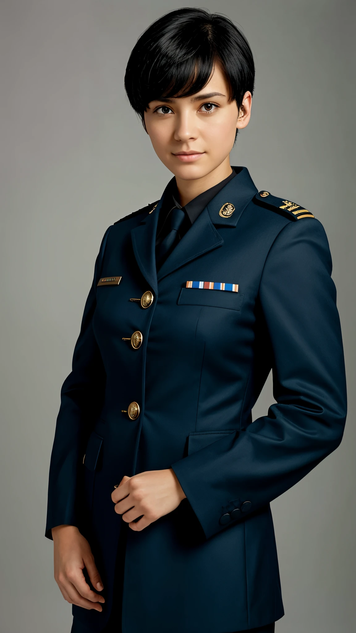 (highest resolution, distinct_image) Best quality, single person, one woman, solo, masterpiece, highly detailed, semi realistic, black short hair, black hair, bangs, 18 years old, mature, light blue military uniform, military uniform, indoor background, gentle, authoritative, powerful, exquisite facial features, exquisite facial features