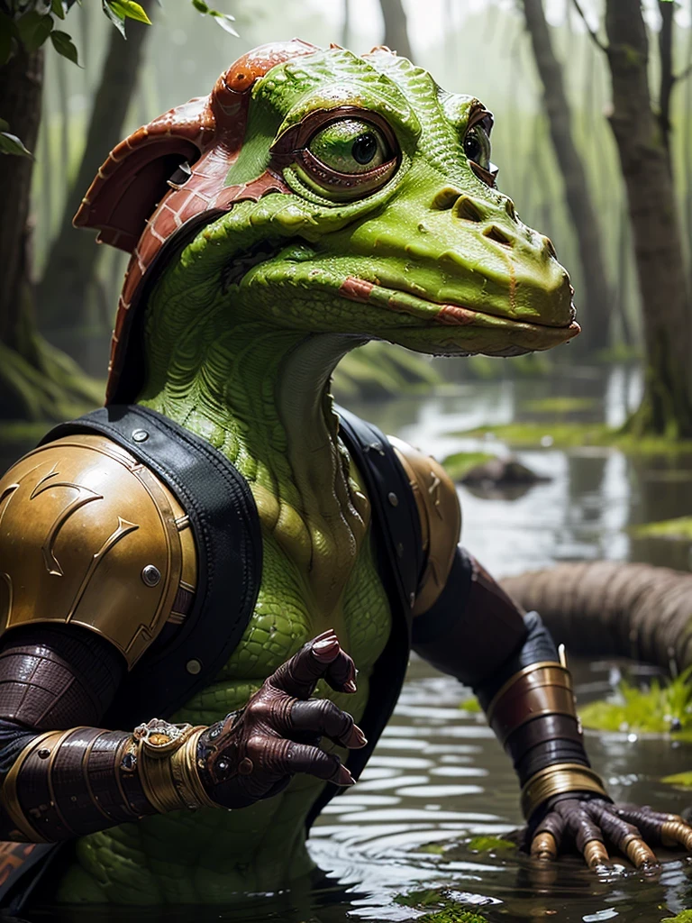 ((best quality: 1.5)) ((masterpiece: 0.8)), intricate details, sharp focus, professional, photorealistic,, ((green jarjar binks, gungan, swamp))