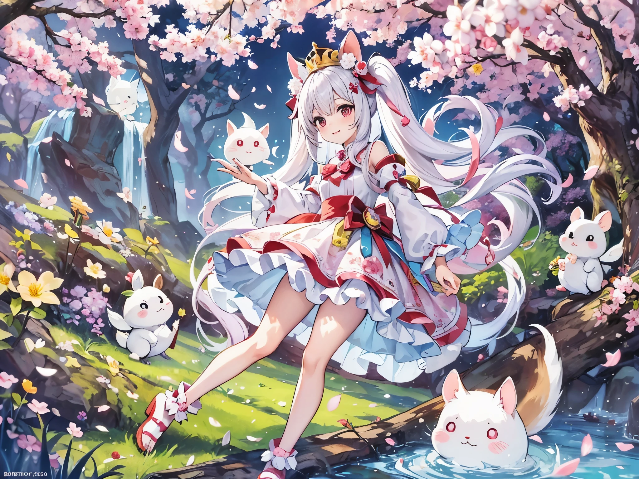 A world full of cherry blossoms、In the mysterious forest of cherry blossoms in full bloom、long white ears、light blue long hair、With a cute girl with twin tails Cherry blossom petals are dancing in the wind Yellow rape blossoms at my feet、adorable smile、It's a cute cute dress。black eyes。cute forest creatures,There are many people around the girl.、white rabbit with big ears、There are also cute mushrooms growing there.、adorable digital paintings, cute detailed digital art, the squirrel king, cute digital art, cute cartoon characters, cute characters, cute creatures, cutie, Official illustration, official art, squirrel, maplestory mouse, Astri Lawn, cute 3d rendering