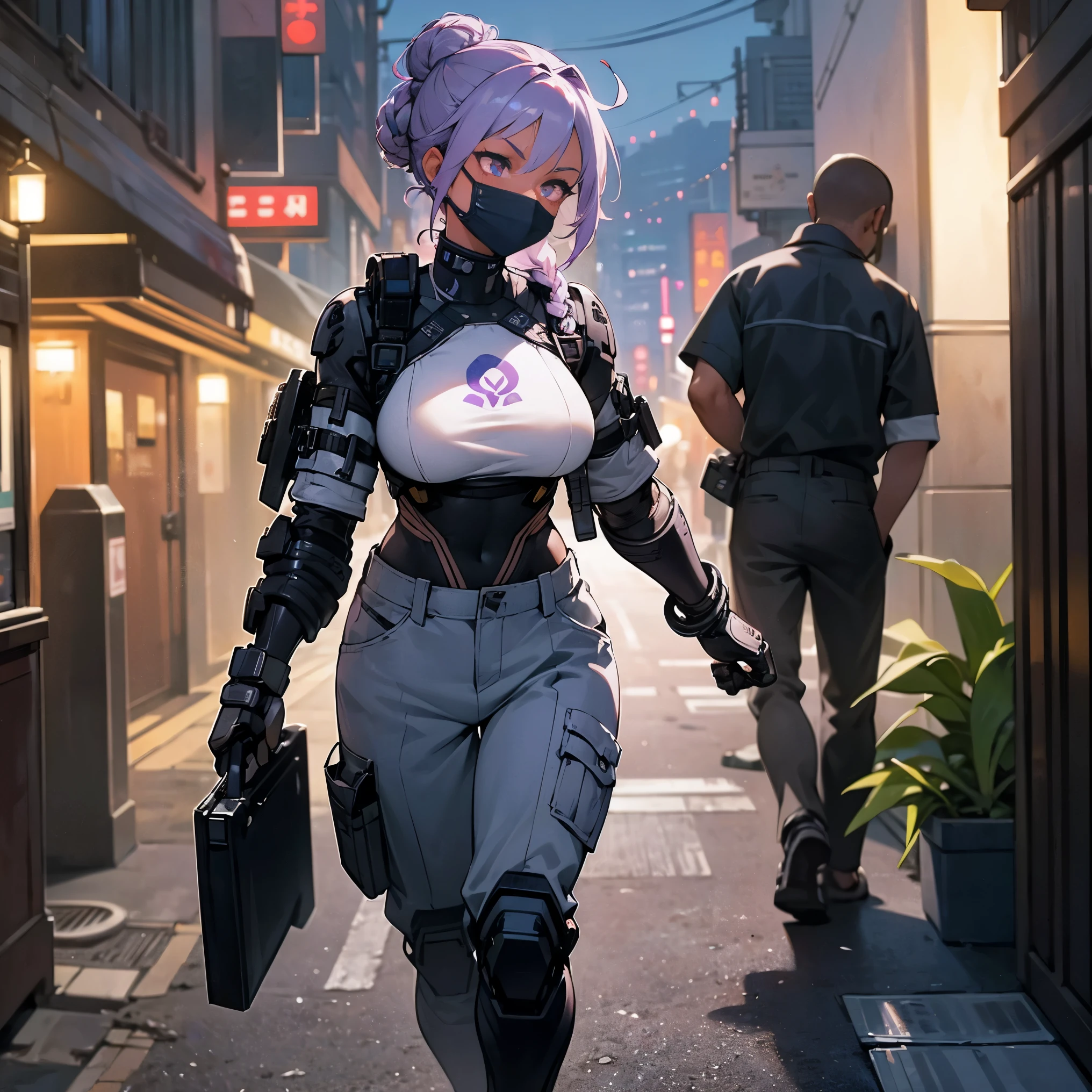 1female, adult, dark skin, big breast, sexy, tan skin, finely detailed lavender eyes, medium messy braided bun, two tone hair, seashell white and lavender ombré hair color, undercut, combat suit, neck mask, bionic arm, loose baggy cargo pants, walking down alley, night, somber expression, tokyo, serious, tattoos