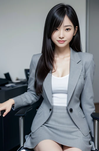 best quality, detailed, beautiful, insanely detailed, absurdres,perfect anatomy,
Japanese woman,black hair,27 years old,
(slender),
(small breasts),
cheerful, sitting, legs spread wide, hair over one eye, flipped hair, (((gray business suit, white skirt))), in the office, with a chair, front view