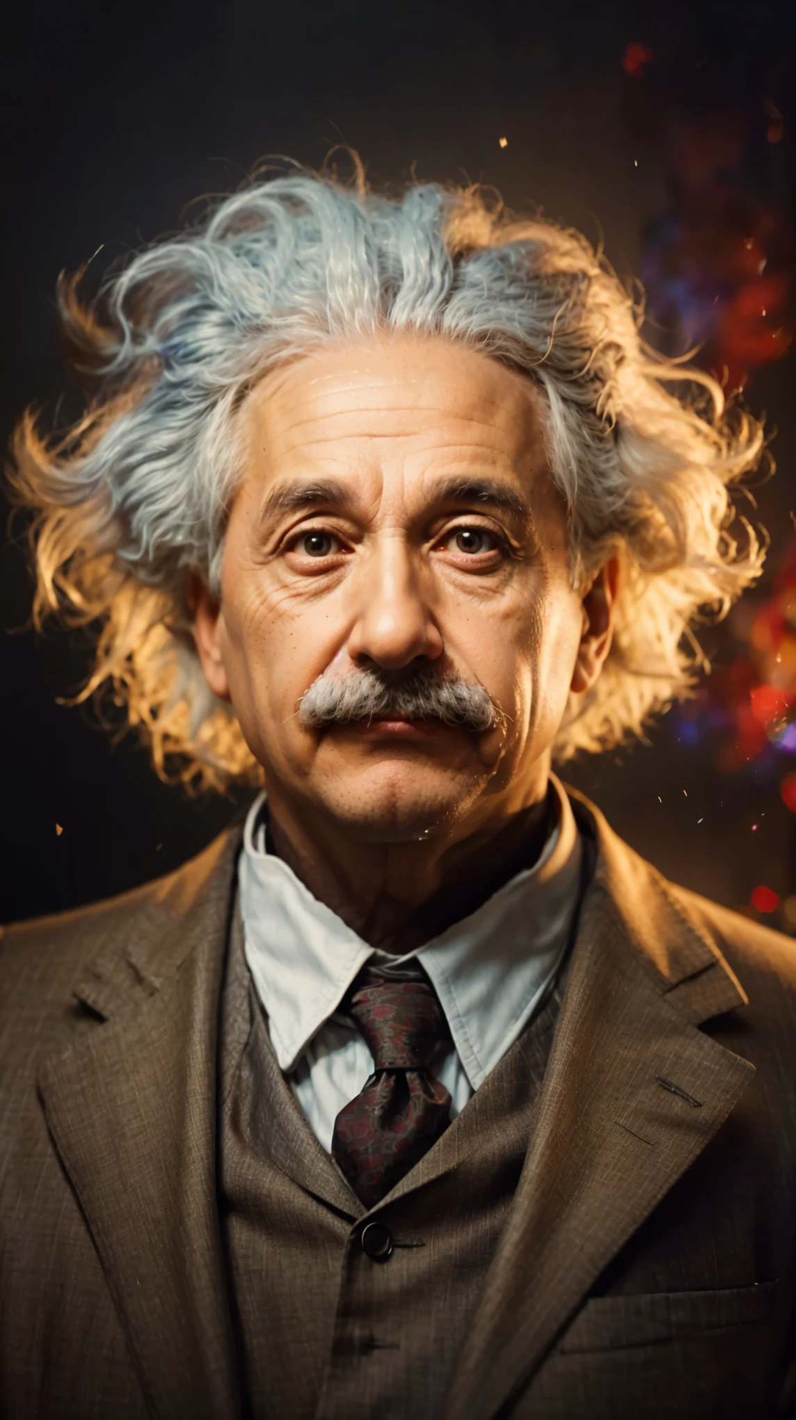 Albert Einstein with  white hair, white mustache and a suit jacket, portrait of einstein, portrait of albert einstein, highly detailed vfx portrait, albert einstein, highly detailed vfx portrait of, einstein, portrait shot, color photograph portrait 4k, nft portrait, high quality portrait, houdini & photoshop, realistic digital art 4 k, realistic digital art 4k