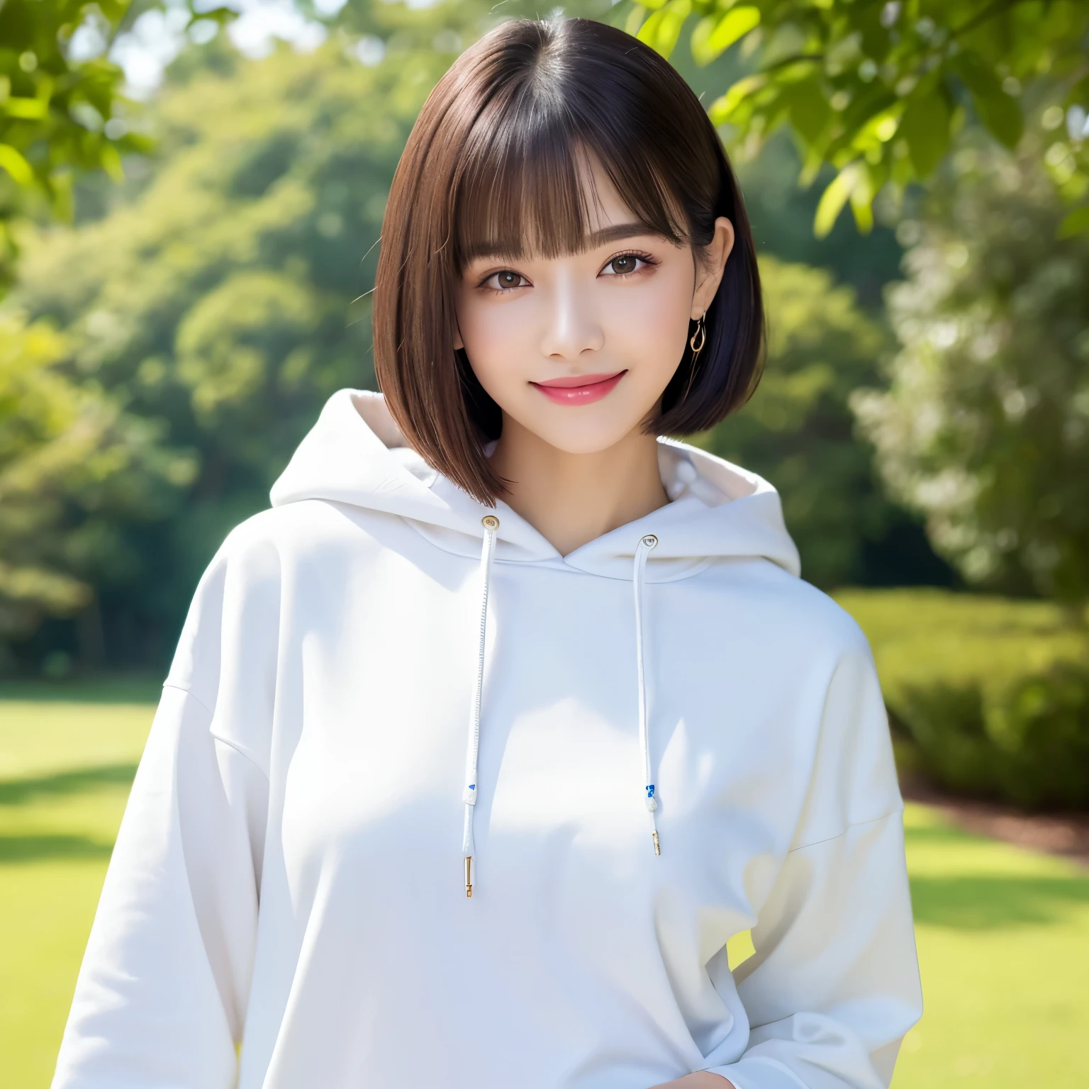 (highest quality、table top、8k、best image quality、Award-winning work)、one cute girl、(perfect long sleeve white hoodie:1.1)、(Classy shorts:1.1)、(short hair:1.1)、(Alone:1.1)、perfect beautiful composition、(big breasts:1.1)、(emphasize body line:1.1)、slender body、the biggest smile looking at me、(Beautifully maintained park background:1.1)、(The most natural and regular perfect park:1.1)、(Strongly blurred background:1.1)、(stand gracefully:1.1)、natural makeup、Ultra high definition beauty face、ultra high definition hair、Super high-definition sparkling eyes、(Super high resolution glossy skin:1.1)、Super high resolution glossy lips、(Accurate anatomy with great attention to detail:1.1)、(very bright and vivid:1.1)