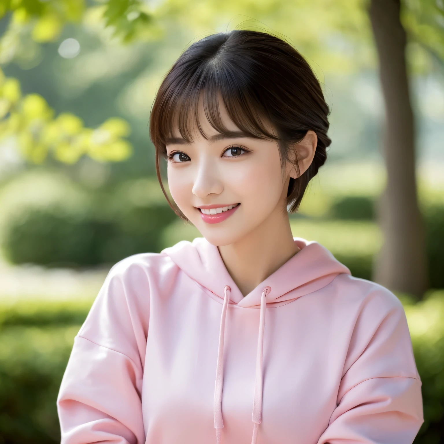 (highest quality、table top、8k、best image quality、Award-winning work)、one cute girl、(Perfect long sleeve light pink hoodie:1.1)、(short hair:1.1)、(Alone:1.1)、perfect beautiful composition、(big breasts:1.1)、(emphasize body line:1.1)、slender body、the biggest smile looking at me、(Beautifully maintained park background:1.1)、(The most natural and regular perfect park:1.1)、(Strongly blurred background:1.1)、(stand gracefully:1.1)、natural makeup、Ultra high definition beauty face、ultra high definition hair、Super high-definition sparkling eyes、(Super high resolution glossy skin:1.1)、Super high resolution glossy lips、(Accurate anatomy with great attention to detail:1.1)、(very bright and vivid:1.1)