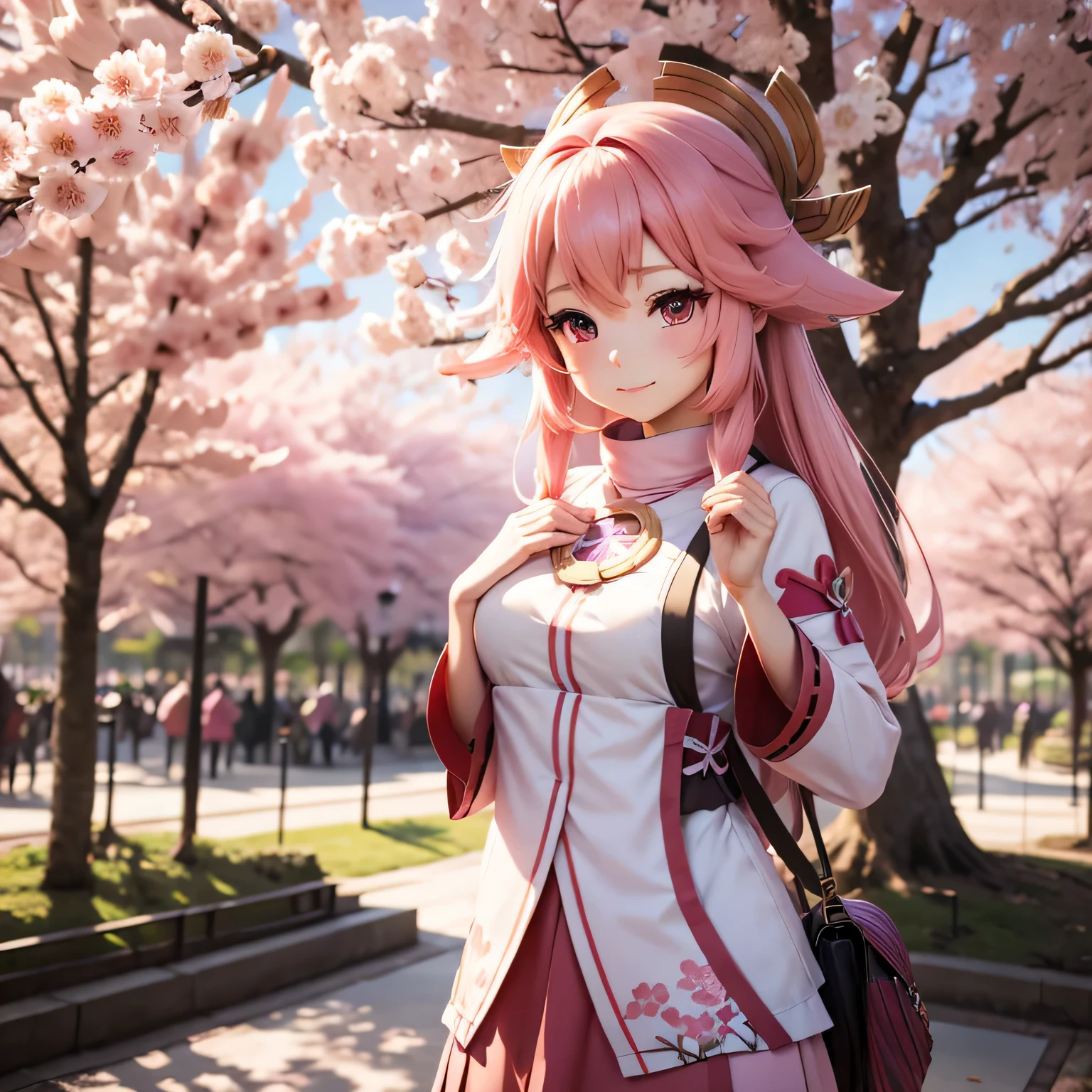 Yaya Miko spring clothes on a sakura tree background art anime 3D