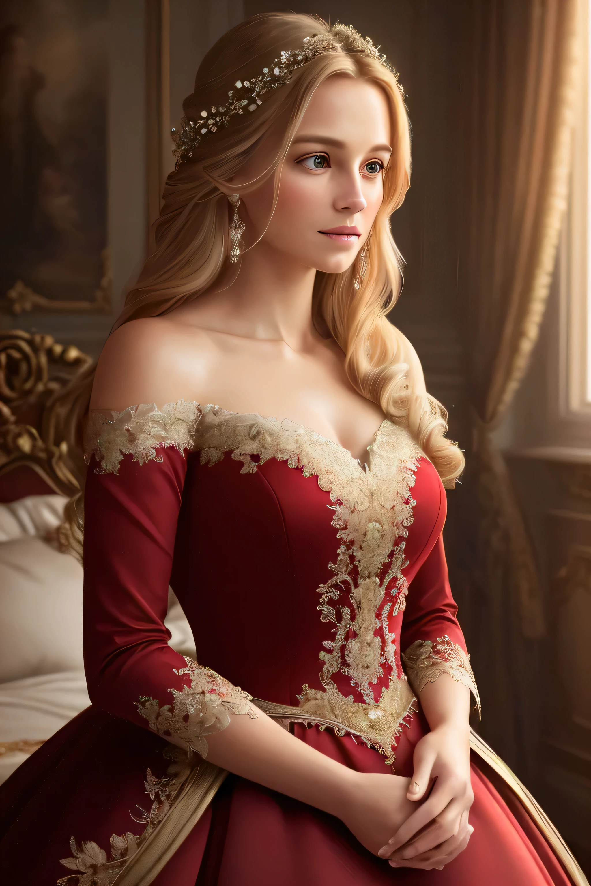 (Best quality: 8k, ultra-high definition), (realistic, photorealistic: 1.37), blurry background, elegant pose, soft lighting tone, long blonde hair cascading down to her shoulders, big brown eyes reflecting warmth and kindness, European young woman dressed in a beautiful red ball gown, flowers delicately held in her hands.
This image exudes class and beauty, with every detail captured in the finest detail. The rich color palette and soft lighting tone create a dreamlike atmosphere, drawing the viewer into the scene. The woman's facial features are finely detailed, with her expressive eyes capturing the essence of her character. Her skin is flaw
