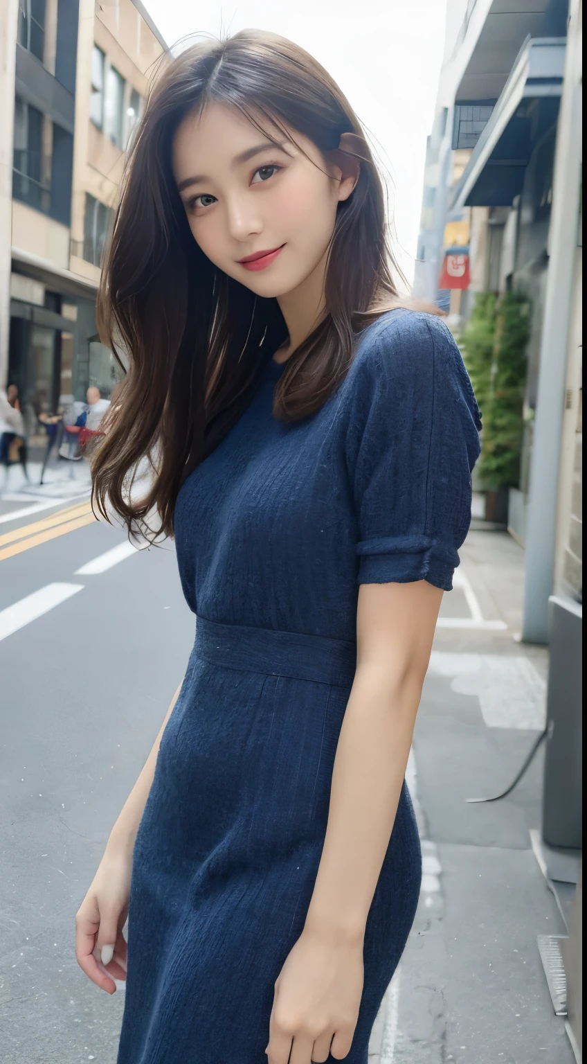 table top, highest quality, shape, Super detailed, finely, High resolution, 8k wallpaper, 完璧なダイナミックな構shape, beautiful and detailed eyes, dress,medium hair, middle of chest, natural color lip, random sexy pose,smile,Aoyama Street Walk、20 year old girl