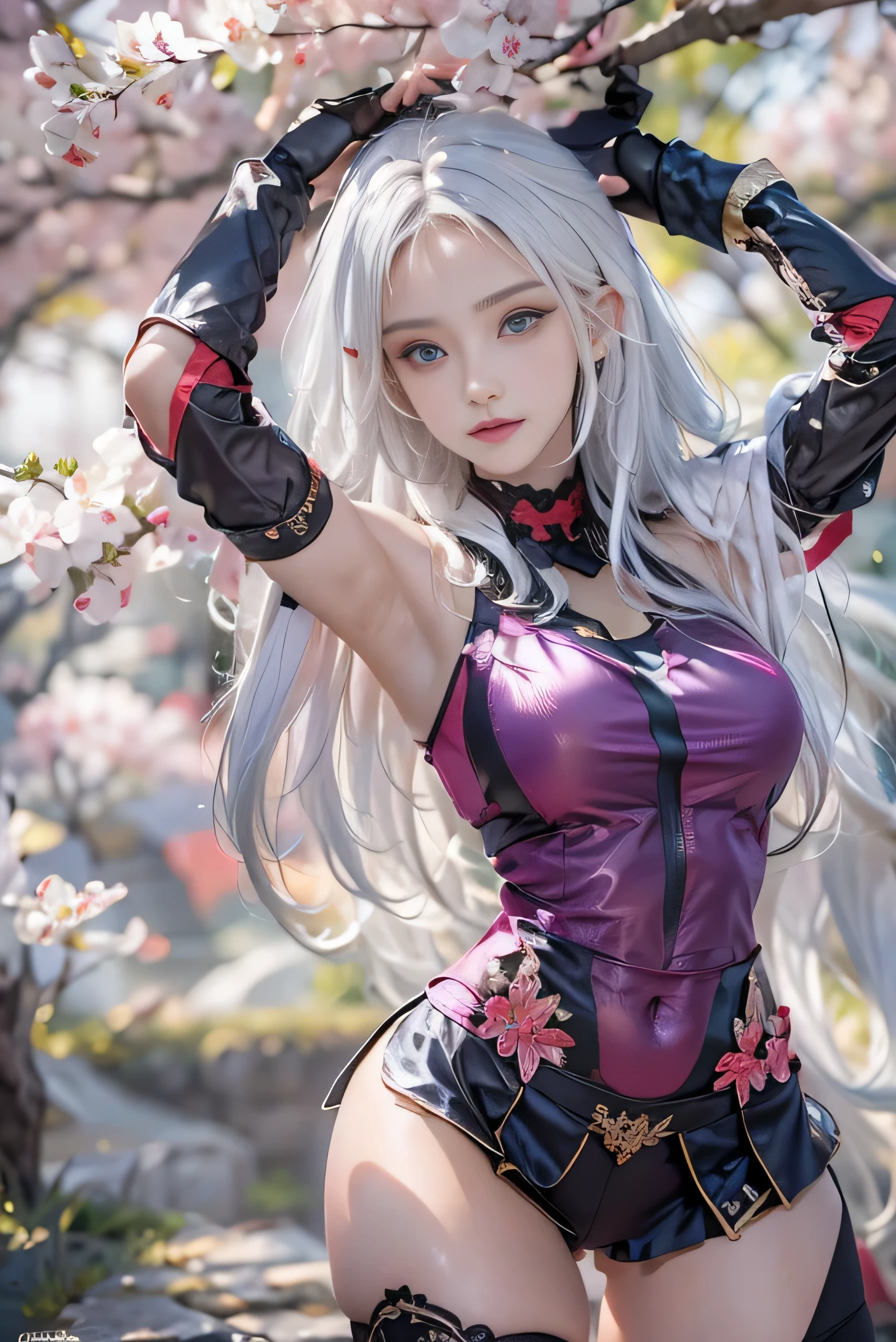 (photorealistic:1.8, highest quality:1.8,8K masterpiece:1.8,High resolution,muste piece:1.8,RAW Photos,cinematic lighting,red and purple dream colors),one goddess、(Armor Leotard、mini skirt、choker、knee high tights、loafer shoes), (beautiful and detailed blue eyes:1.7,double eyelid:1.6,Beautiful skin with glowing details:1.2),(whole body,Seen from behind:1.5), ( midium Hair:1.2,beautiful shining white hair:1.5), expression(Sly Smile:1.3,face turns red:1.3),(Moderate chest:1.3), Pause(turn away,Seductive pose:1.5), background(Bright forest with blooming flowers),Nipples are visible through the costume、anatomically correct,correct move:1.5,correct foot:1.5,4 fingers and 1 thumb in correct proportions,(cameltoe),No split screen,slender abs:1.2,(Young sensual gravure idol)