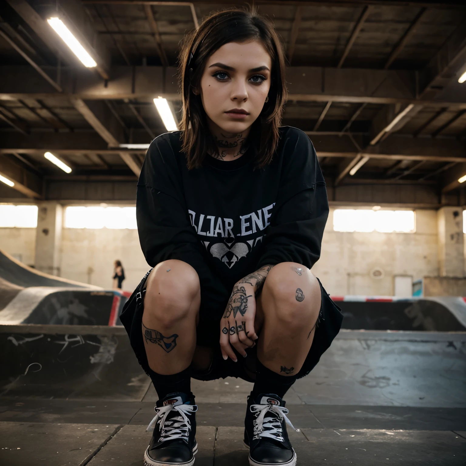Albanian, girl, brown hair, blue eyes, Emo girl, Skatepark, Pose, Urban, Alternative fashion, Piercings, Tattoos, Dark makeup, Moody, Converse, closeup