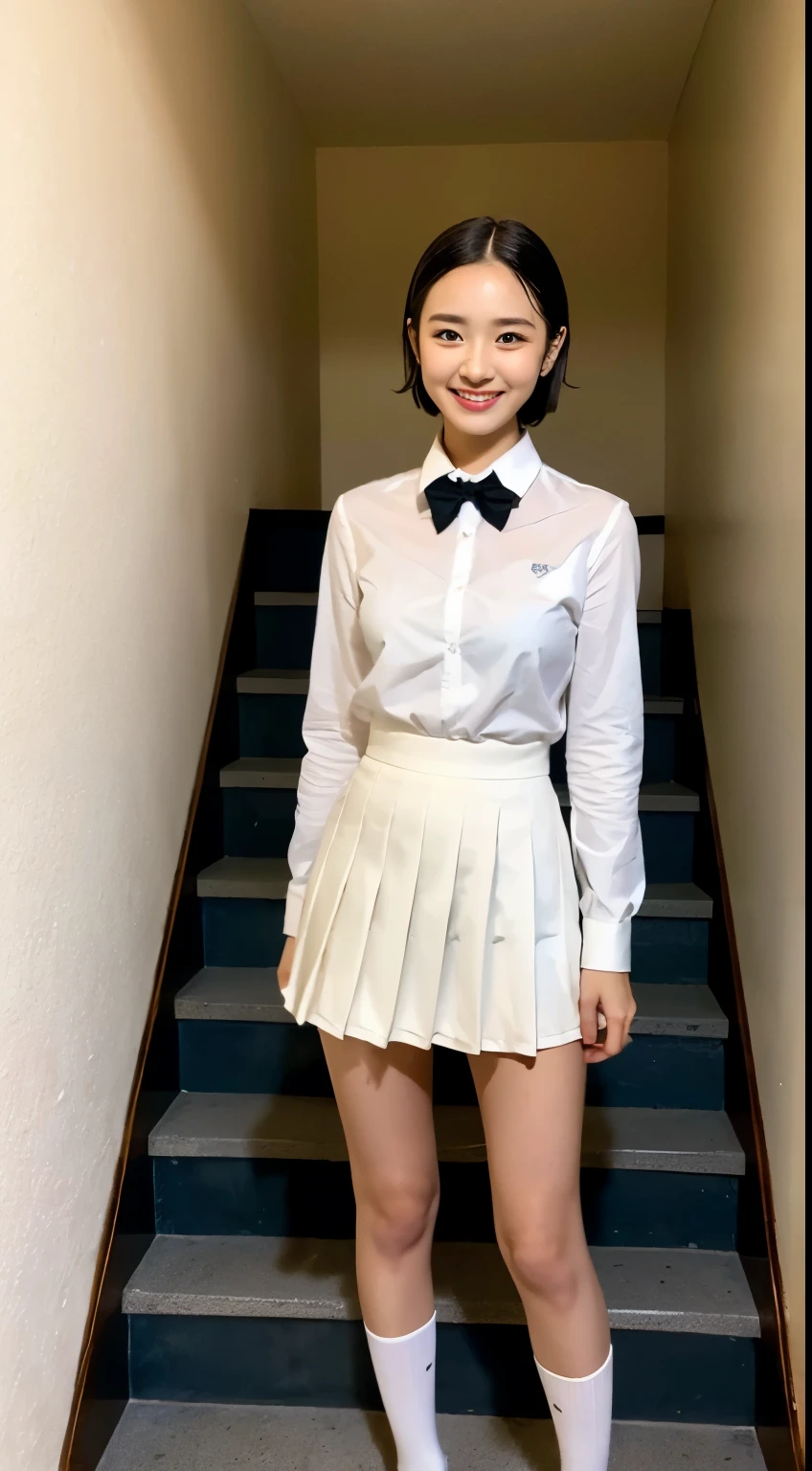 (((full body Esbian)))、((Girls' High School Uniforms))、((１a person))、short-hair、Close to the subject、、((a tairs in the school building)))、(((ssmile)))、(((Girls' High School)))、((a beauty girl))、((sexy  pose))、Photorealsitic、Beautiful detailed eyes、Hyper-Realism、highcontrast、Ultra HD、realistic skin textures、Top image quality、top-quality、超A high resolution、Fine details、Very meticulously、Long sleeve white collared shirt、Natural makeup、summer、perspiring、kawaii、smile、a smile