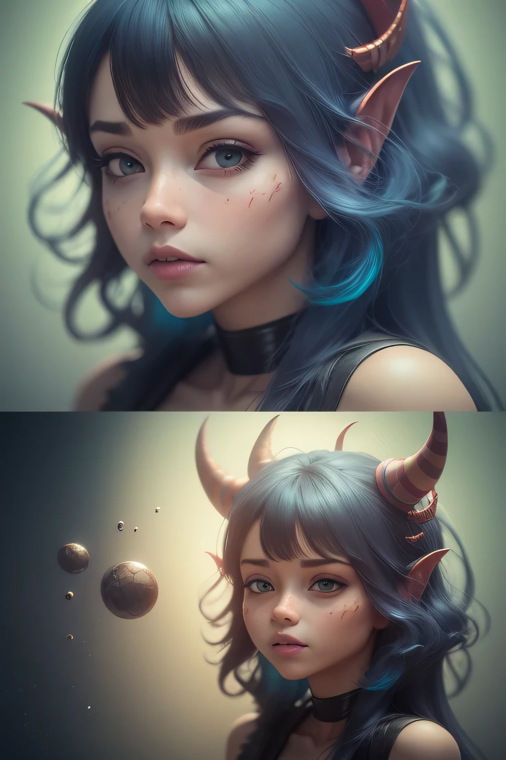 Generate a high-quality 3D image of cute monsters using advanced rendering and modeling techniques. Use the following software for creation: 3DS Max, SketchUp, SolidWorks, AutoCAD, Blender, Vectary, MeshMixer, and Unreal Engine 5. Apply photon mapping, radiosity, and physical rendering techniques with automatic white balance for realistic lighting. Create a cinematic lighting setup with a slightly intensified twilight effect. Ensure the final image has a soft focus effect, but remains ultra-detailed and realistic. The artwork should not be based on a specific photograph. Evoke a sense of technology and high-quality craftsmanship, reminiscent of a masterpiece of illustration and CG art. Include elements of unity, wallpaper, and official art in the composition. Present fine details, extreme delicacy, and beauty, with sharp focus and a high level of detail. Render the woman's hair with detailed fringes. Render the final image with a black background and a plain background. Do not include any watermark or text overlays in the generated image.