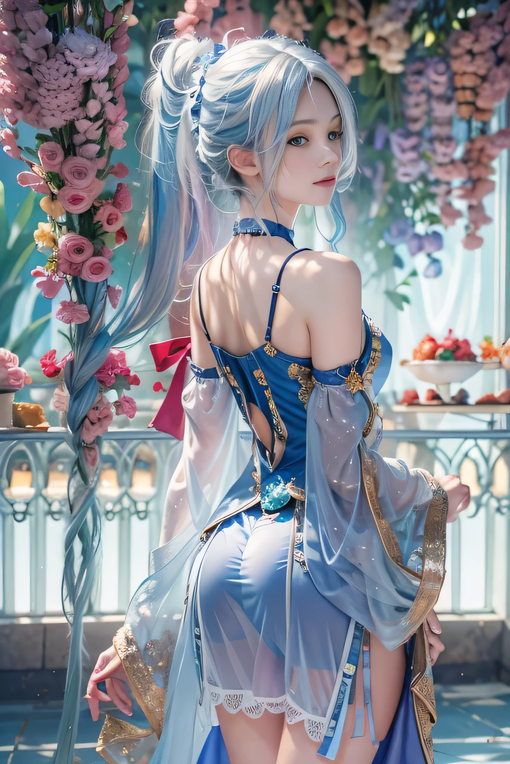 (photorealistic:1.8, highest quality:1.8,8K masterpiece:1.8,High resolution,muste piece:1.8,RAW Photos,cinematic lighting,red and purple dream colors),one goddess、(body stockings、choker、loafer shoes), (beautiful and detailed blue eyes:1.7,double eyelid:1.6,Beautiful skin with glowing details:1.2),(whole body,Seen from behind:1.5), ( midium Hair:1.2,Beautiful shining blue-white hair:1.5), expression(Sly Smile:1.3,face turns red:1.3),(Moderate chest:1.3), Pause(challenge by pointing your butt,Seductive pose:1.5), buttocks emphasis,background(Bright forest with blooming flowers),Nipples are visible through the costume、anatomically correct,correct move:1.5,correct foot:1.5,4 fingers and 1 thumb in correct proportions,(cameltoe),No split screen,slender abs:1.2,(Young sensual gravure idol)