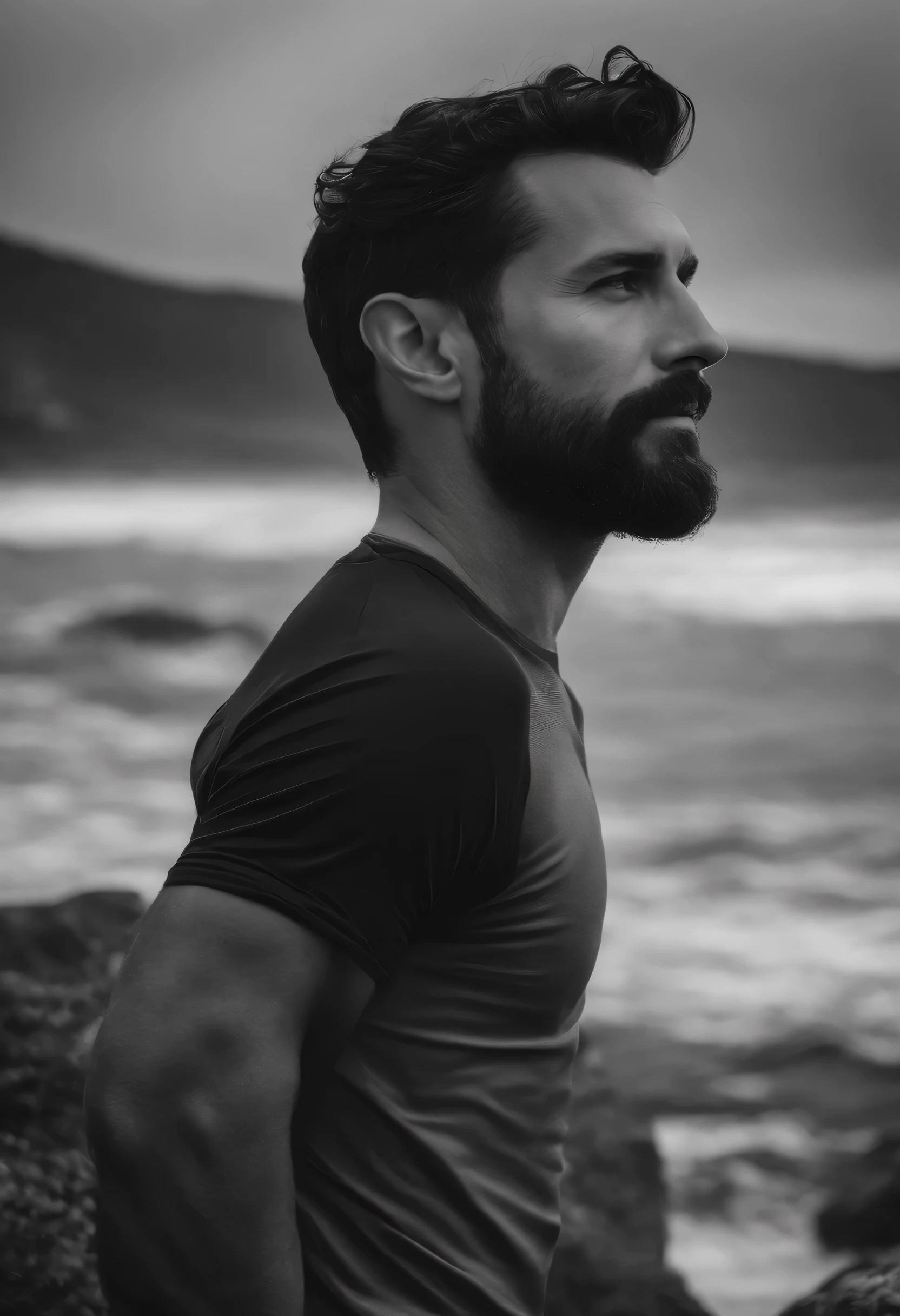 black and white photo of a 35 year old man in black clothes, face, wearing a beard, very short black hair, half body, highly detailed skin, skin pores, coastline, cloudy weather, wind, waves, 8k uhd, dslr , soft lighting, high quality, film grain, Fujifilm XT3