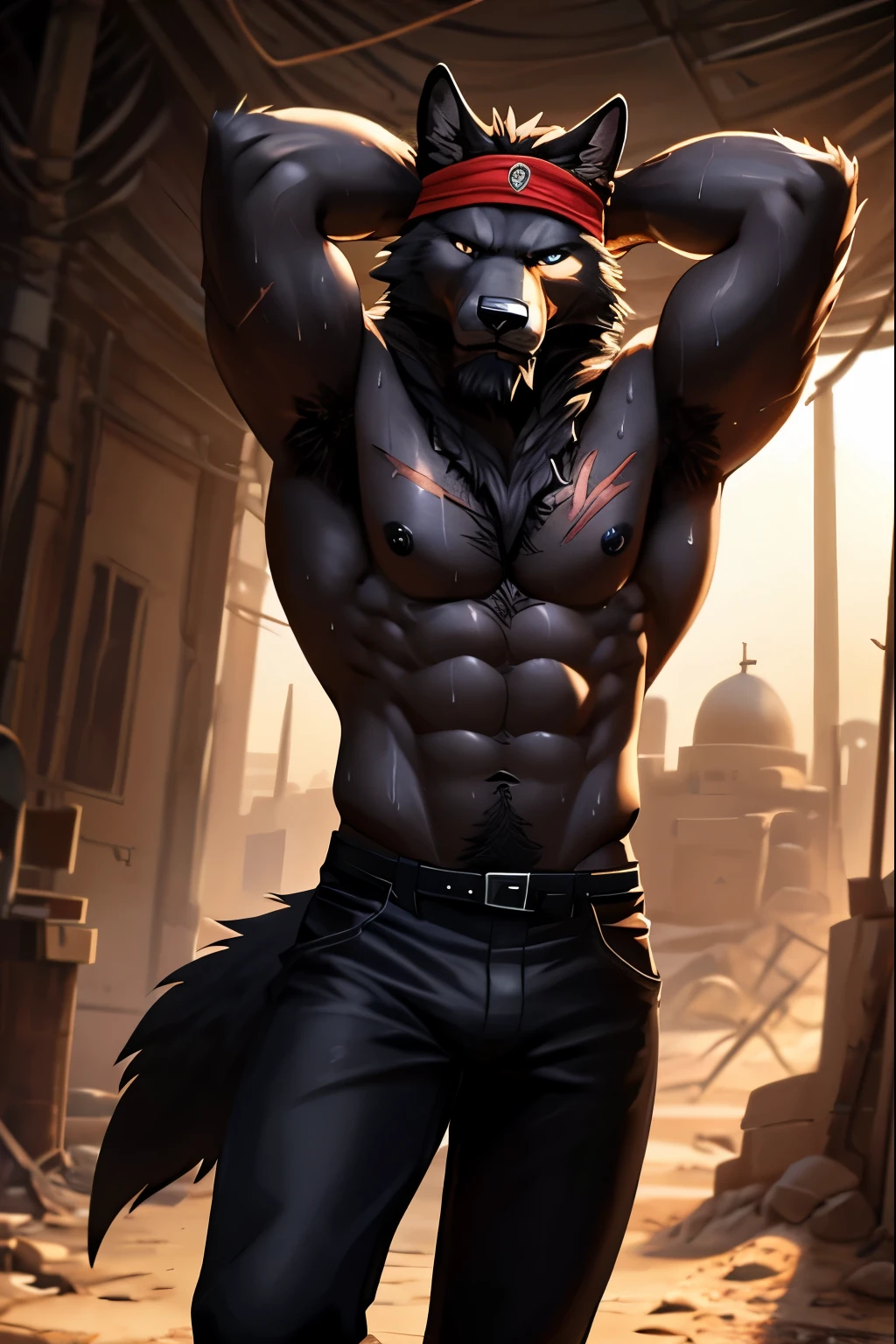 Masterpieces, furry, male, Anthropomorphic, black wolf, veiny, thin body, slender body type, Delicate eyes, goatee, grizzled fur, glistening body, terrorist, DILF, depth of field, perfect lighting, (best quality),(masterpiece),(ultra detailed), sharp focus, detailed wasteland background, shirtless, black nipples, fierce look, scars, black gloves, tight black pants, red headband, hairy furry armpits, raise an arm pose, tattoo, glossy oiled up skin, sweating, wet